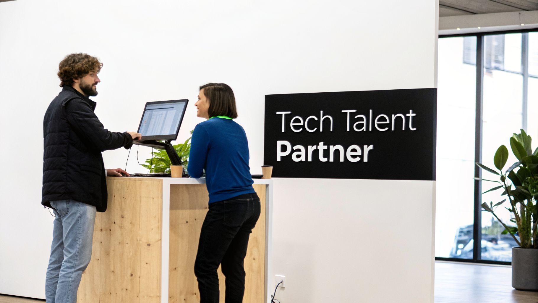 Two professionals collaborate at a standing desk, reviewing information on a laptop, with a 'Tech Talent Partner' sign nearby.