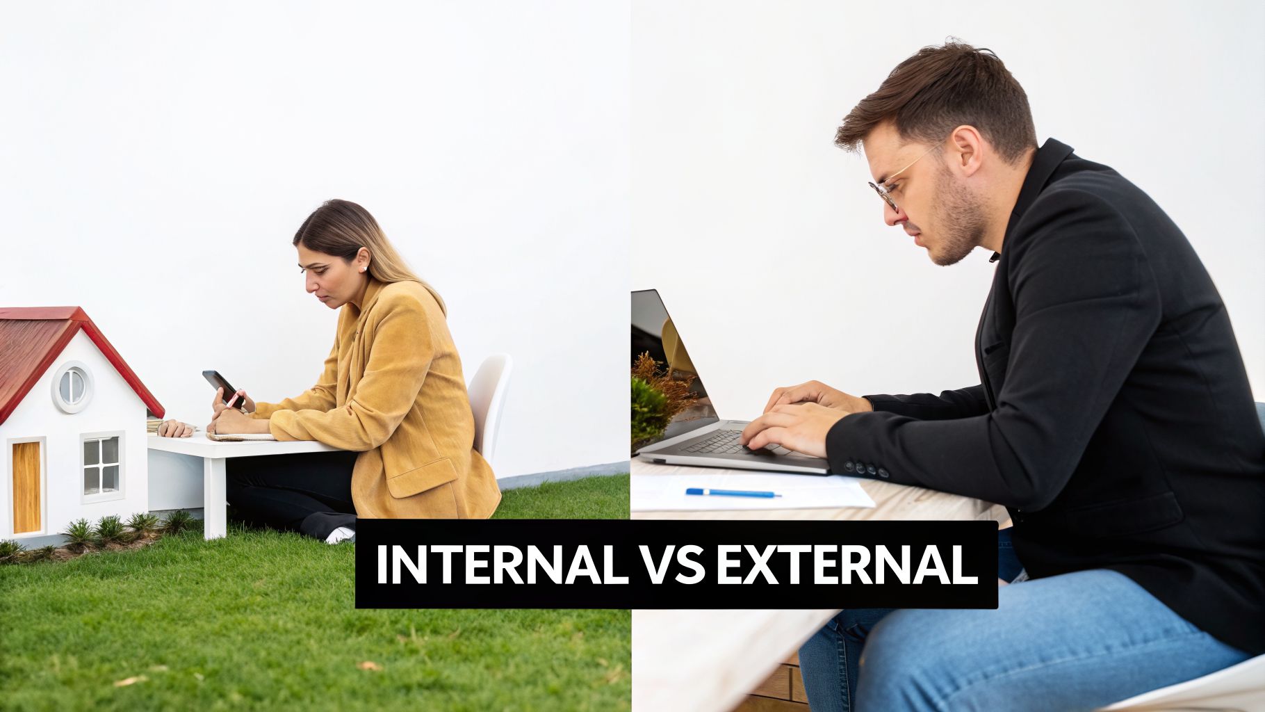 A split image showing a woman working remotely and a man in an office, labeled 'Internal vs External'.