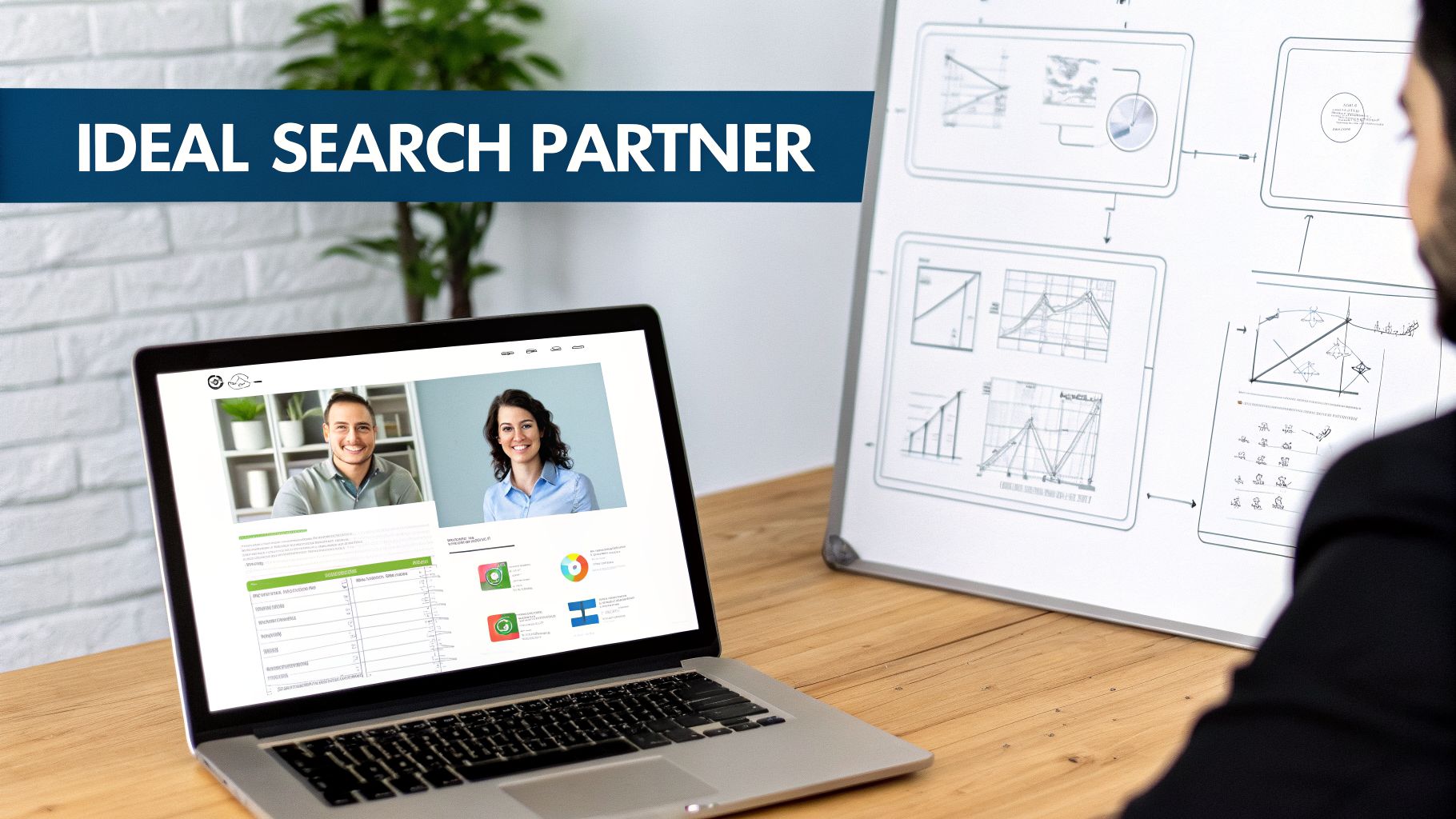 Professionals collaborate during a business meeting, with a laptop displaying a video call and data, and a whiteboard showing charts.