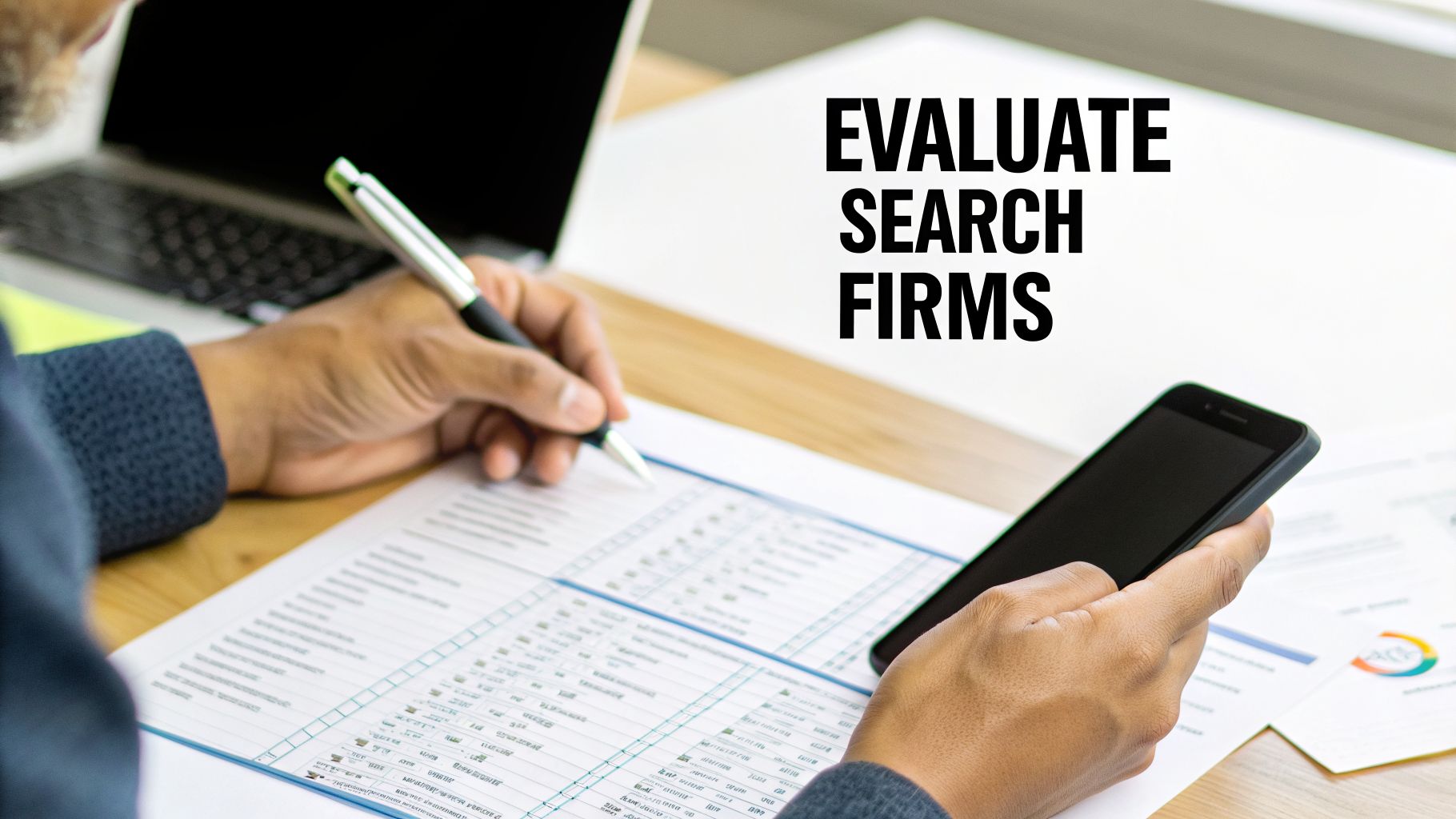 A person evaluates search firms, writing on a document while holding a smartphone and with a laptop nearby.