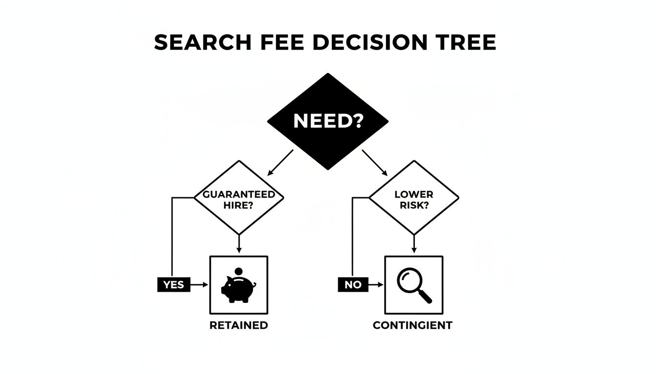 A search fee decision tree flowchart illustrating paths to retained or contingent hiring based on need.