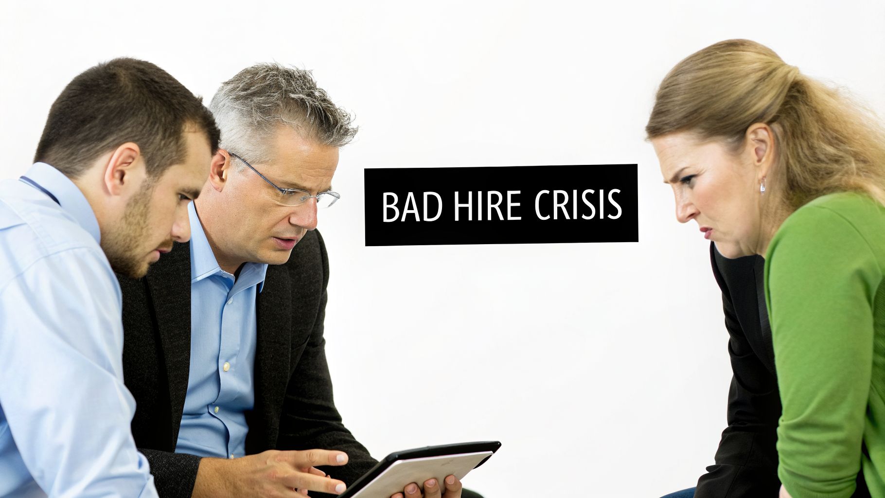 Three business professionals, two men and one woman, look concerned about a "bad hire crisis" while discussing.