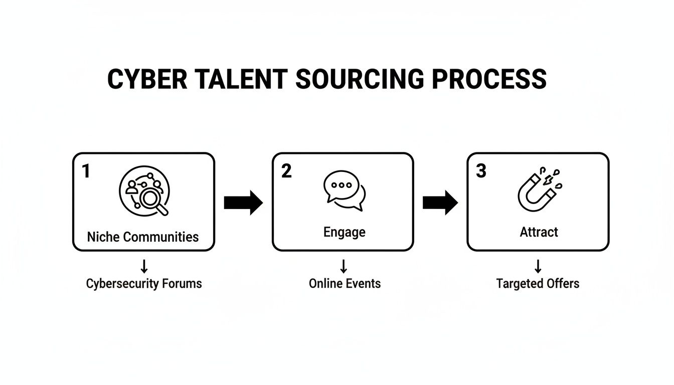 Flowchart illustrating the cyber talent sourcing process: Niche Communities, Engage, Attract.