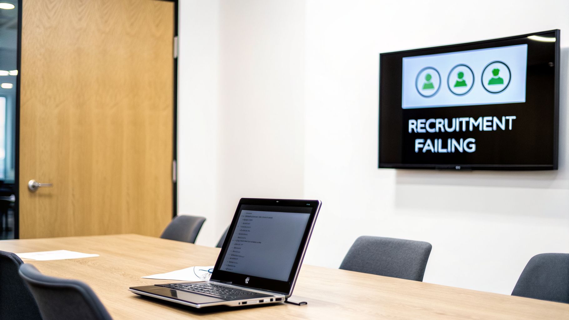 An empty meeting room with a laptop on a wooden table and a TV screen displaying 'RECRUITMENT FAILING'.