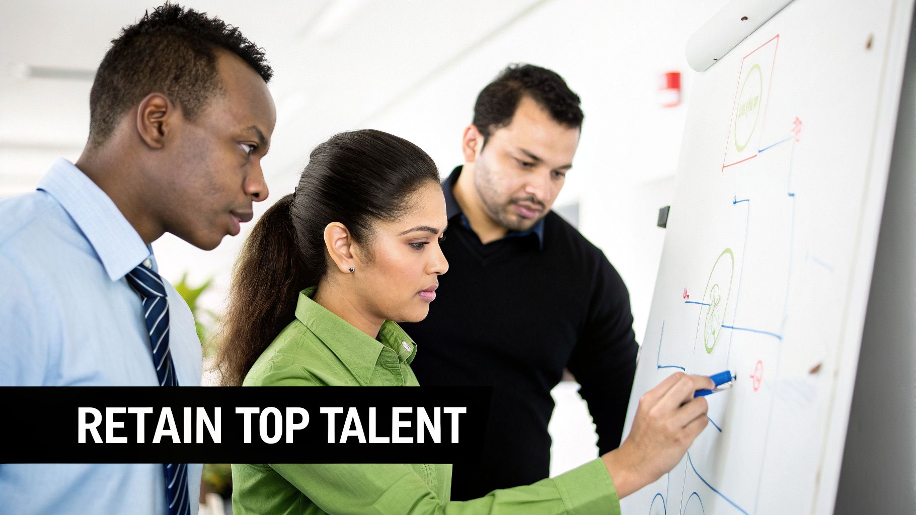 Three diverse professionals collaborating on a whiteboard, strategizing to retain top talent.