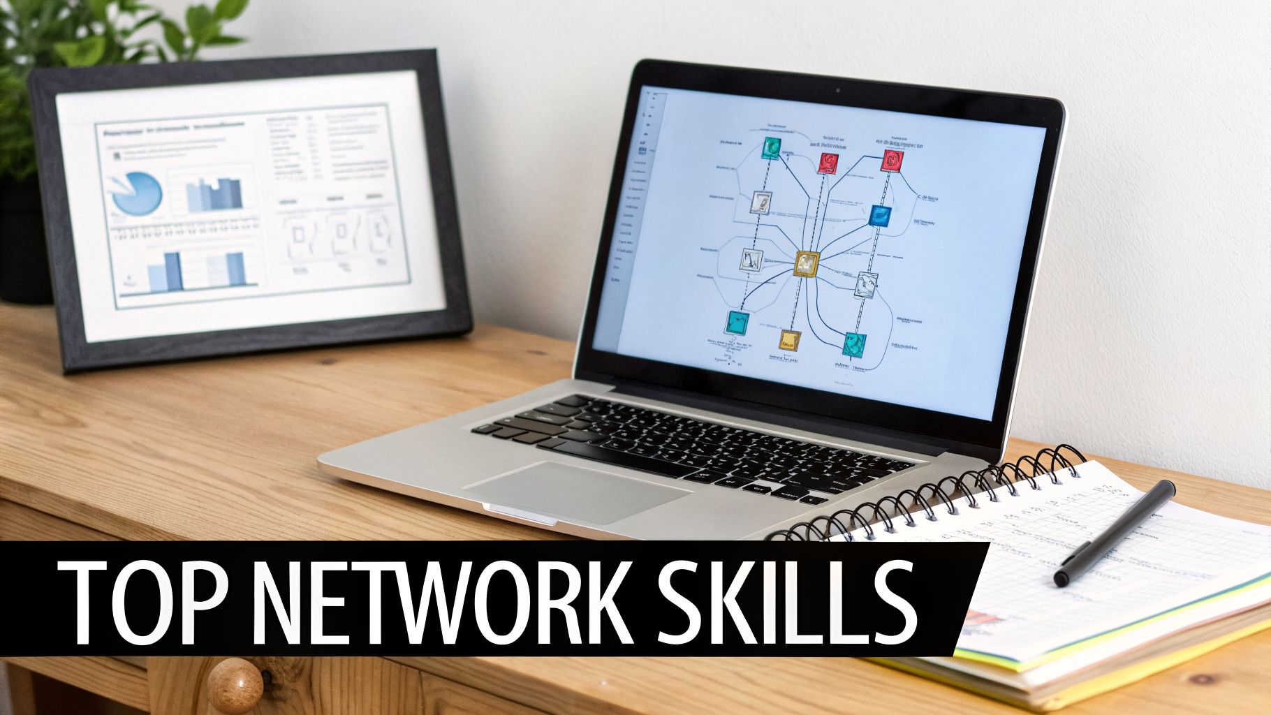 A wooden desk with a laptop displaying a network diagram, a framed chart, a plant, and a notebook with a pen.