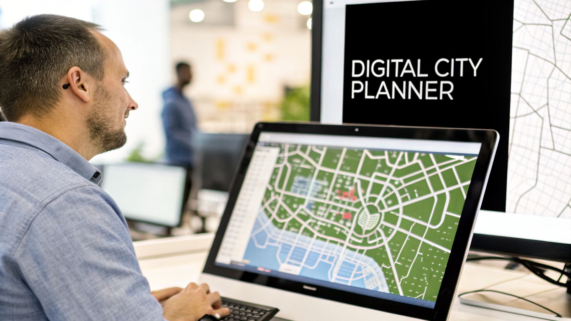 A man works on a computer displaying a digital city map, with another monitor showing "DIGITAL CITY PLANNER".