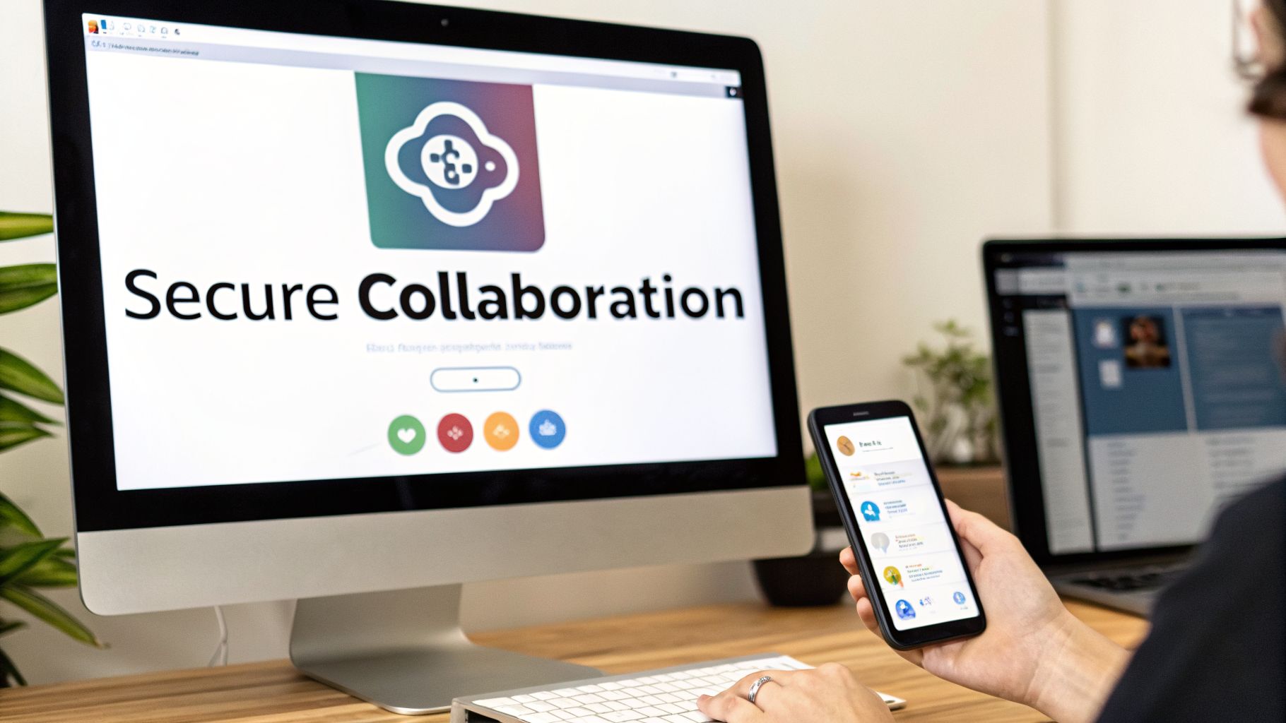 A person uses a desktop computer displaying "Secure Collaboration" and holds a smartphone with a messaging app.