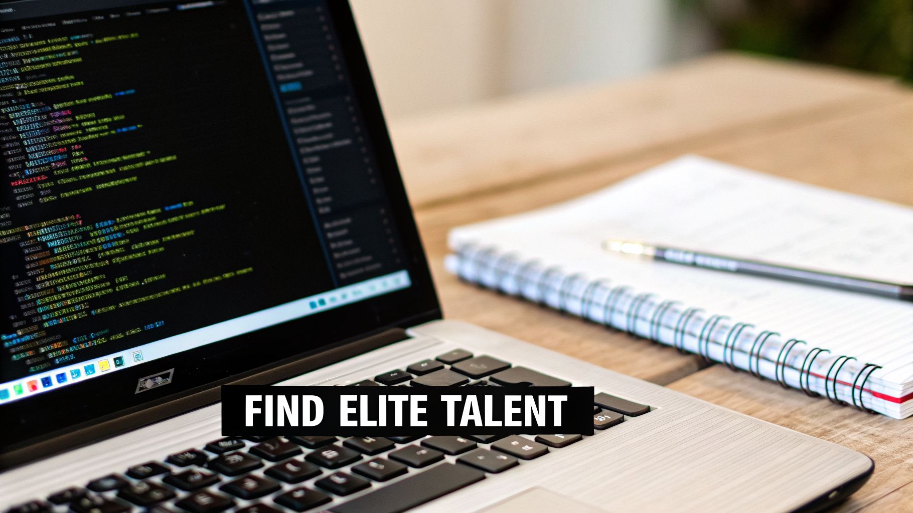 A laptop displaying code and a notebook on a wooden desk with 'FIND ELITE TALENT' text.