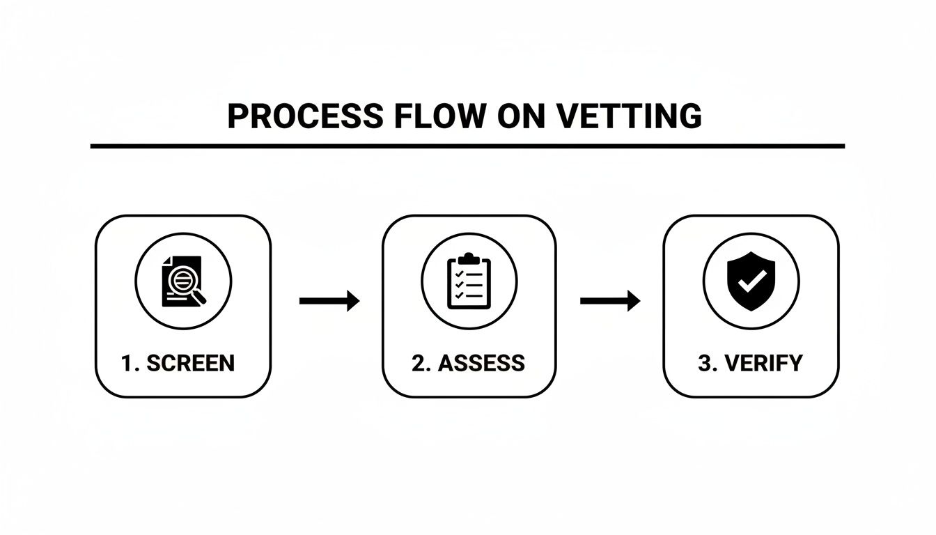 A black and white infographic illustrating a three-step vetting process: Screen, Assess, and Verify.