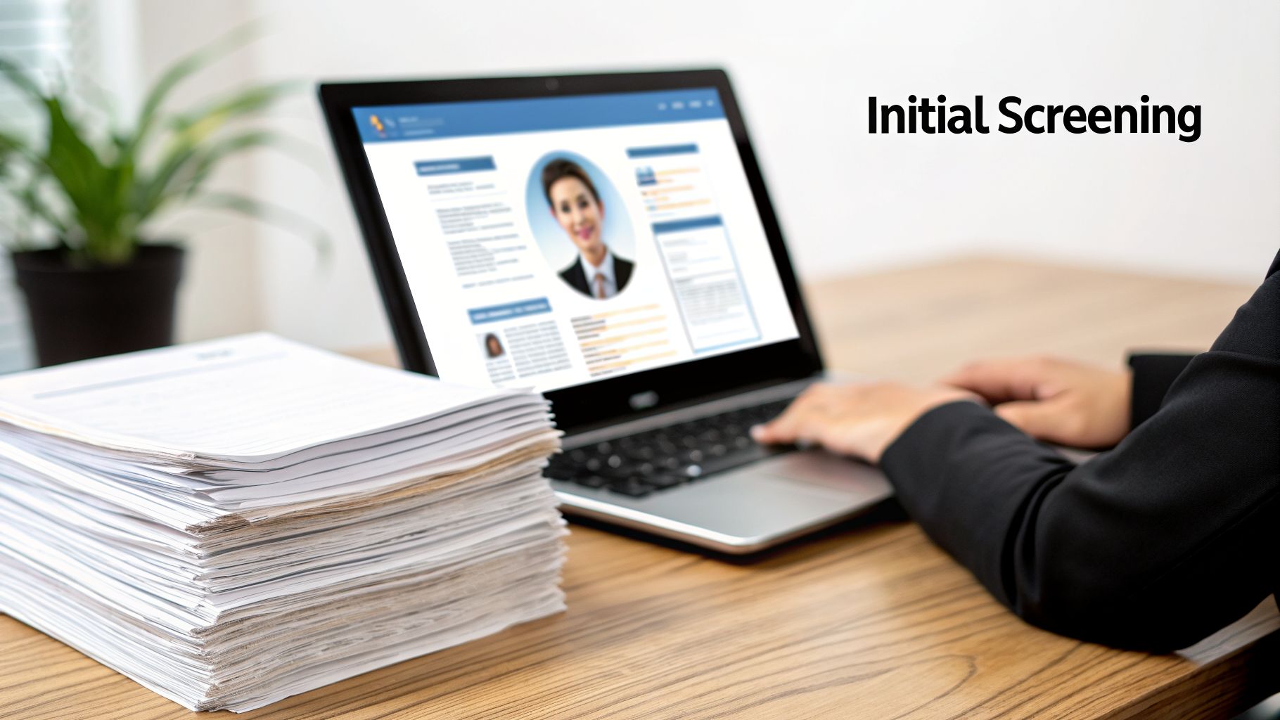 Professional reviews job applications on a laptop for initial screening, with a stack of paper resumes.