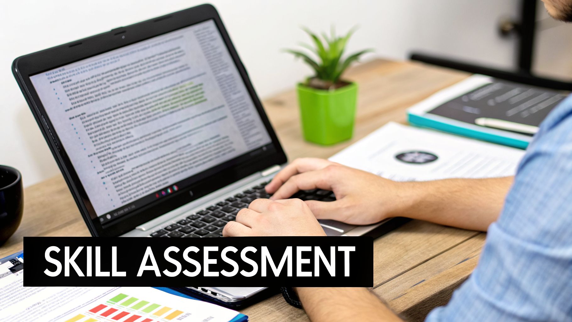 Person's hands typing on a laptop during a skill assessment at a wooden desk.
