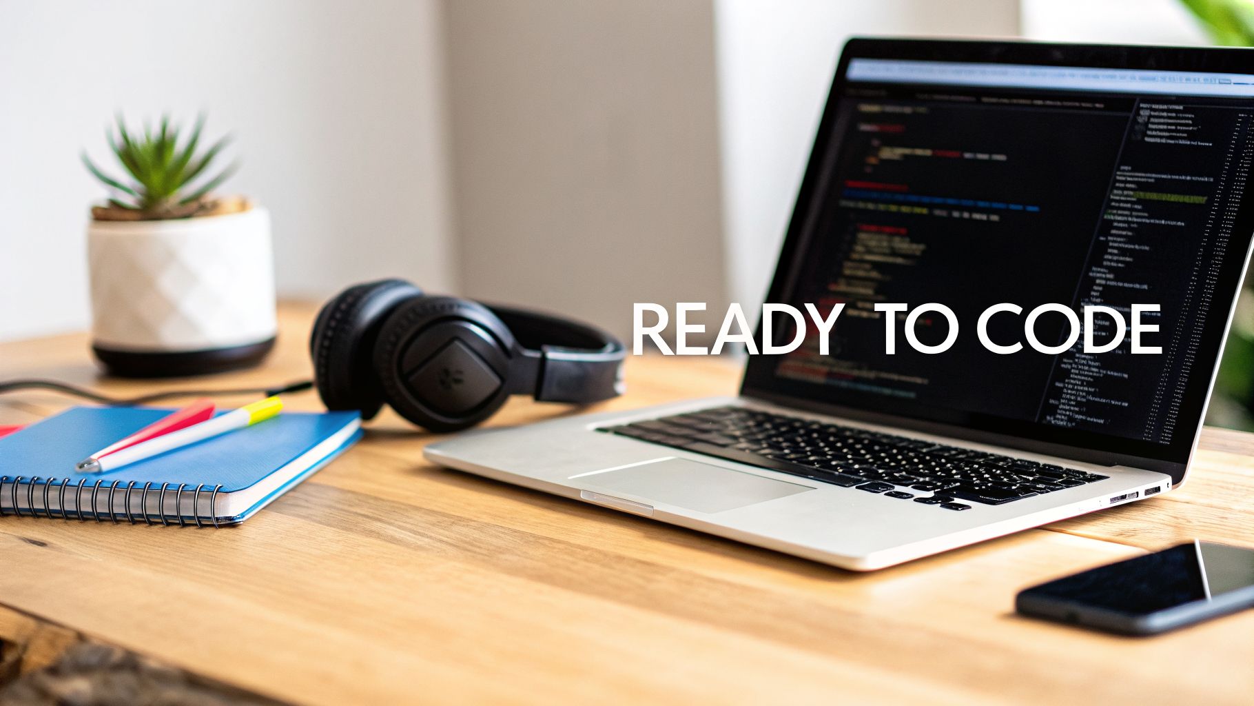 A clean wooden desk with a laptop showing code, headphones, a notebook, and a small plant, ready for coding.