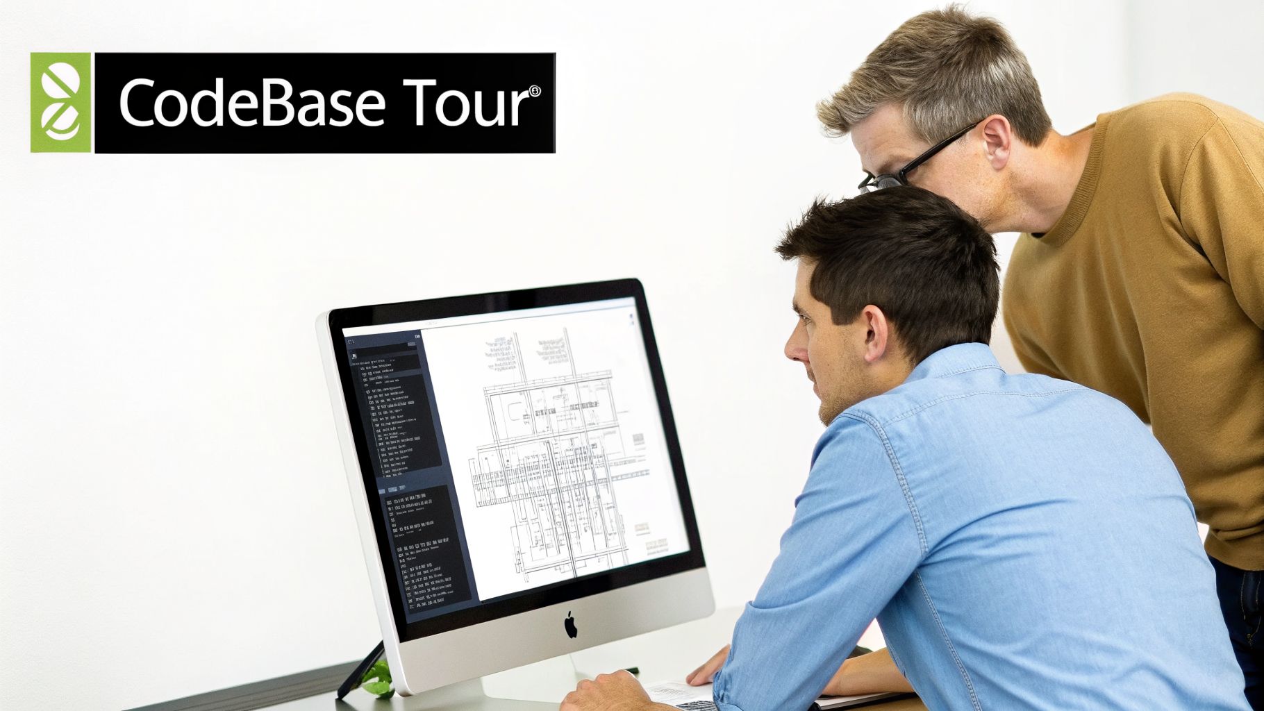 Two male colleagues collaborate, examining technical blueprints and code on a computer screen.