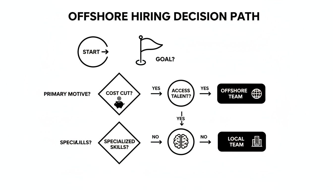 Flowchart detailing the offshore hiring decision path based on cost, talent access, and specialized skills.