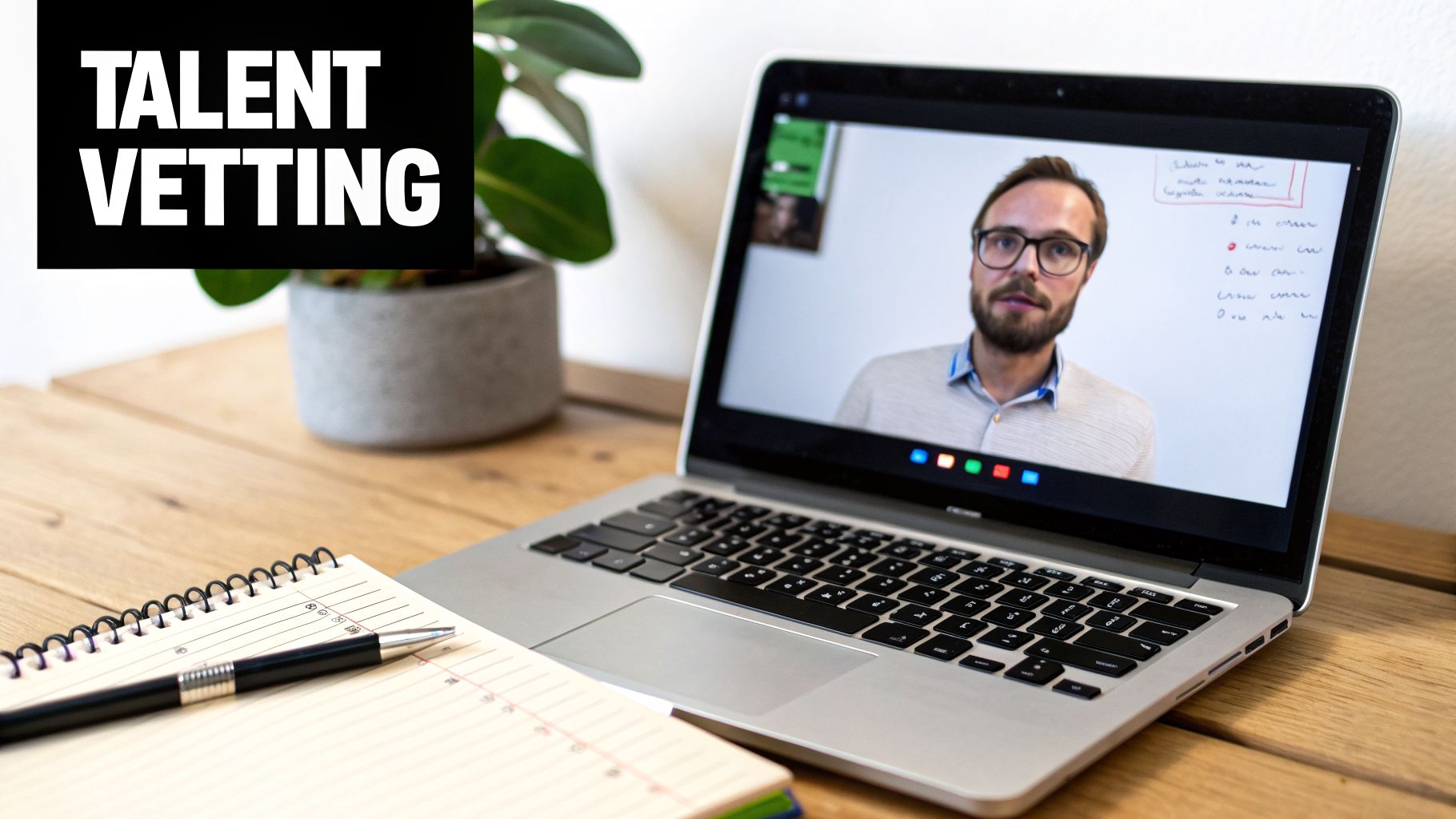 Laptop with a video call featuring a man, notepad, and plant on a wooden desk. Text: Talent Vetting.