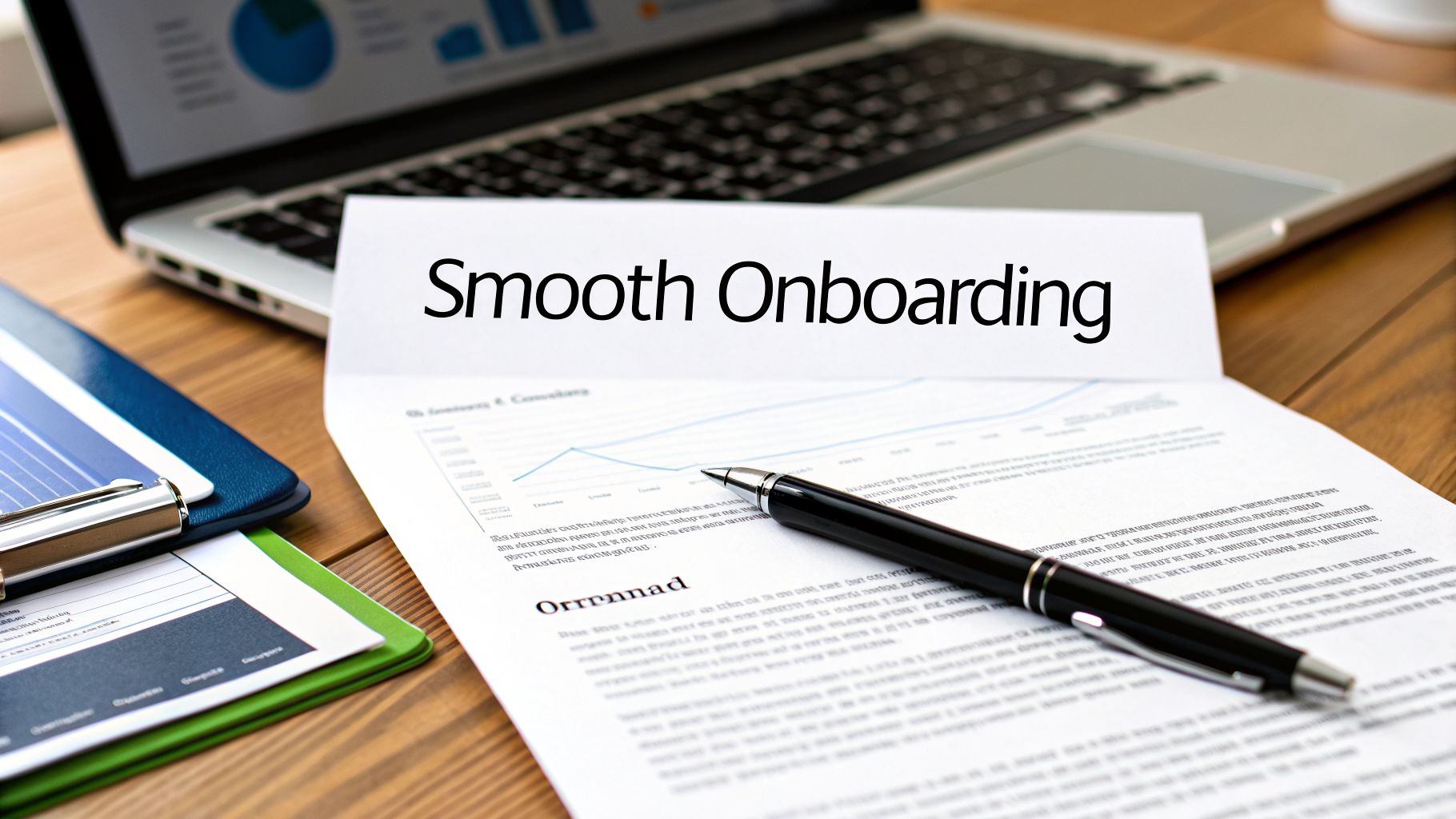 A document titled "Smooth Onboarding" on a desk with a laptop and other papers, emphasizing new employee integration.