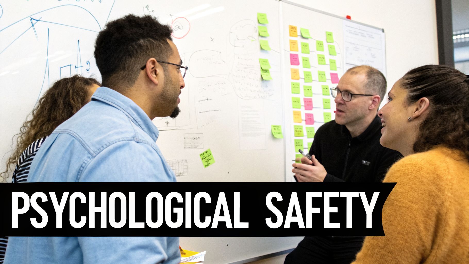 Four diverse professionals collaborate and brainstorm in a meeting, with a whiteboard full of notes.