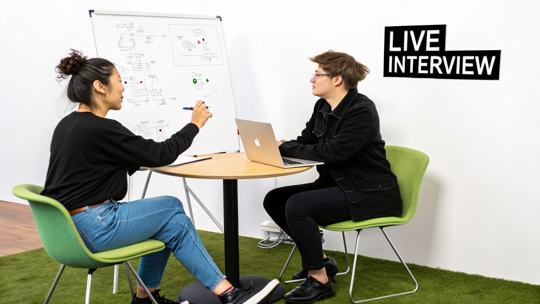 Two people engaged in a live interview, one writing on a whiteboard, the other using a laptop.