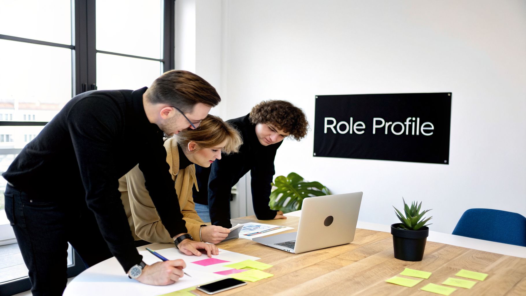 Three colleagues collaborate around a table with a laptop and documents under a 'Role Profile' sign.