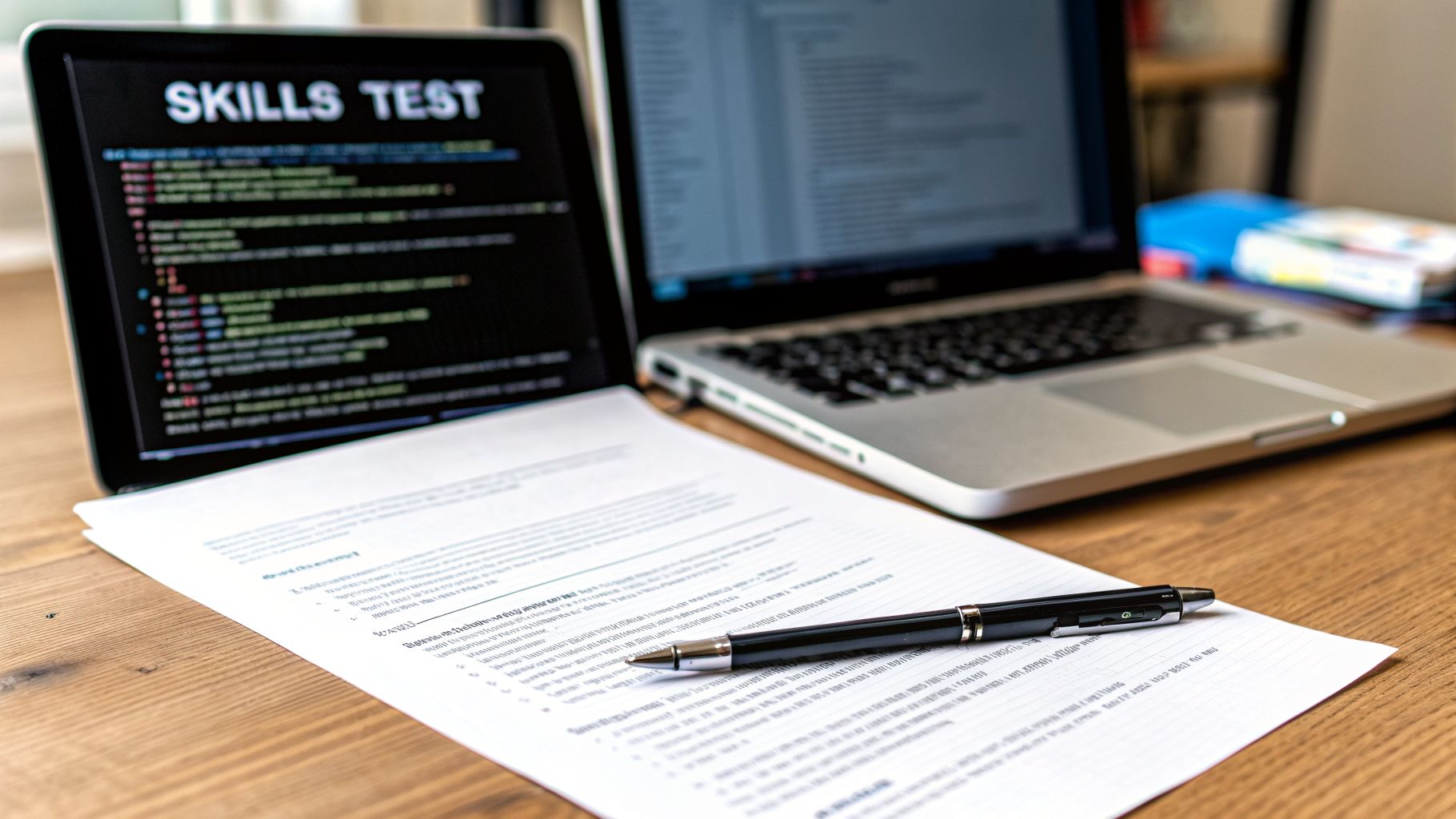 A laptop screen displays 'SKILLS TEST' and code, with another laptop, documents, and a pen on a wooden desk.