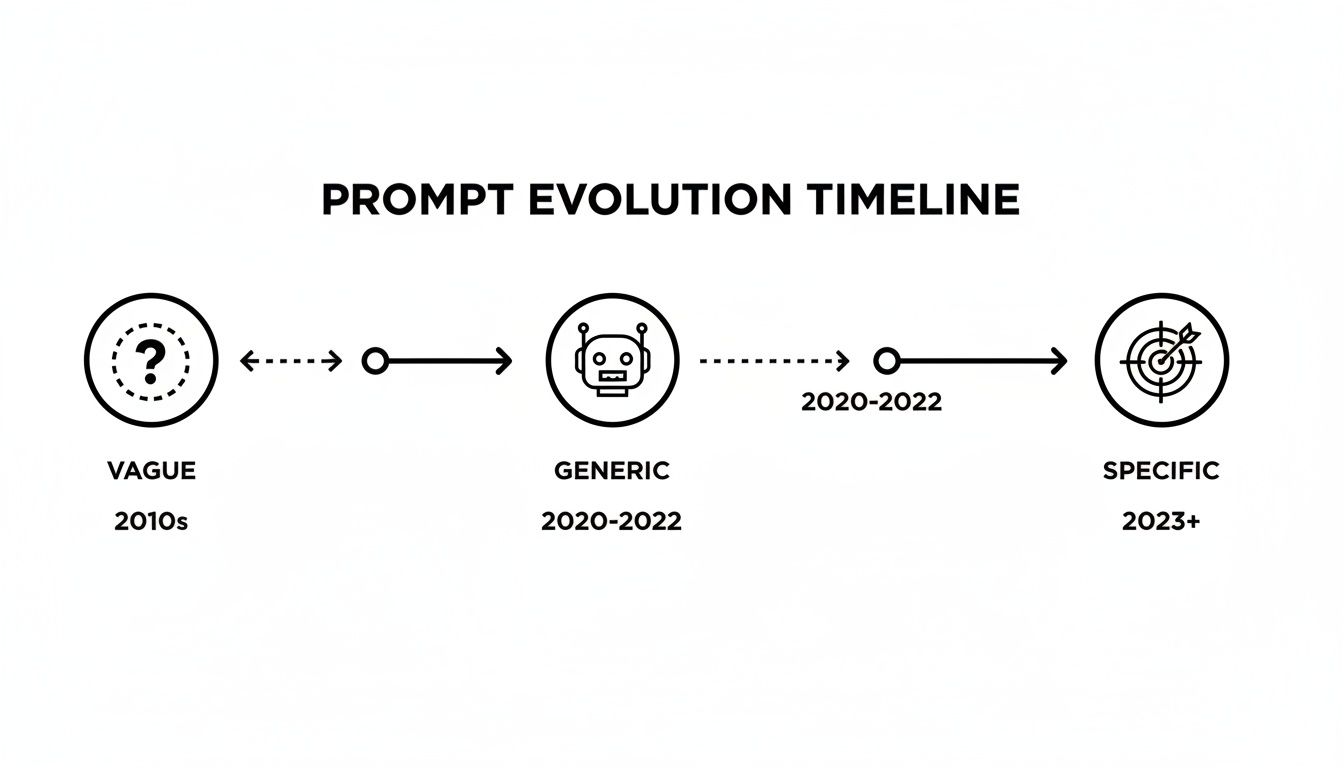 Timeline illustrating prompt evolution from vague (2010s) to generic (2020-2022) and specific (2023+).