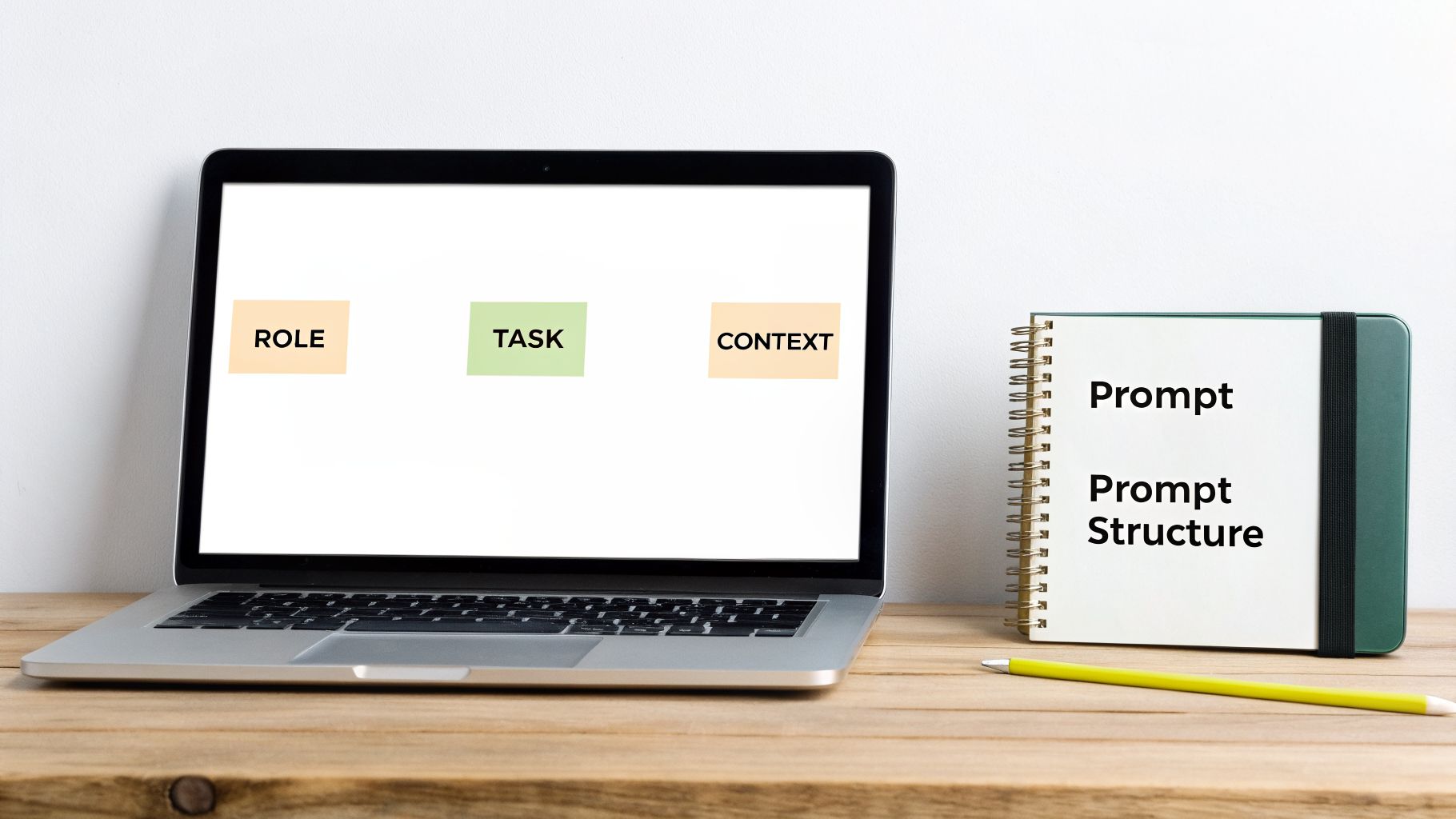 A laptop screen displays 'ROLE', 'TASK', 'CONTEXT' next to a notebook titled 'Prompt Structure' and a pencil.