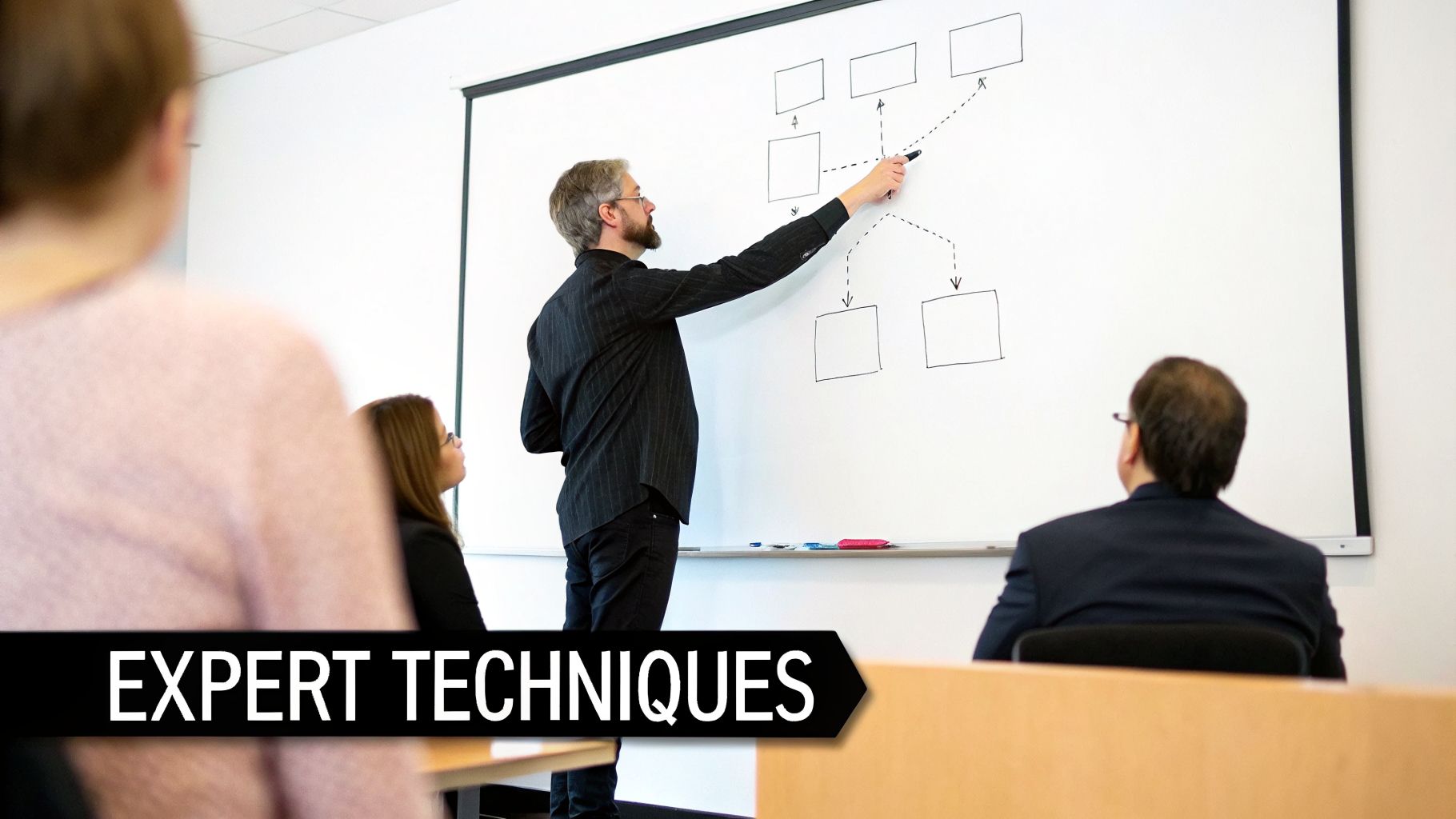 A male instructor explains a complex flowchart on a whiteboard to attentive students in a classroom.