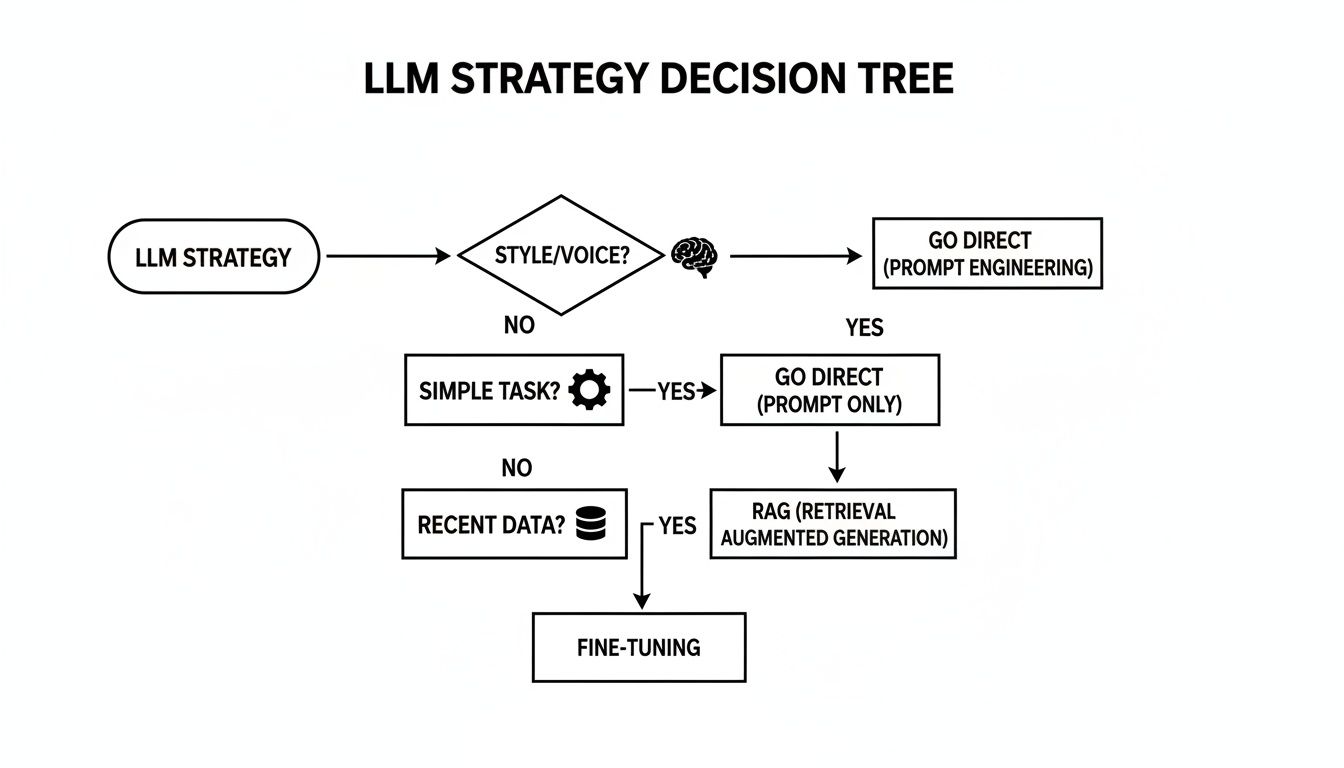 Flowchart illustrating an LLM strategy decision tree based on style, task simplicity, and data recency.