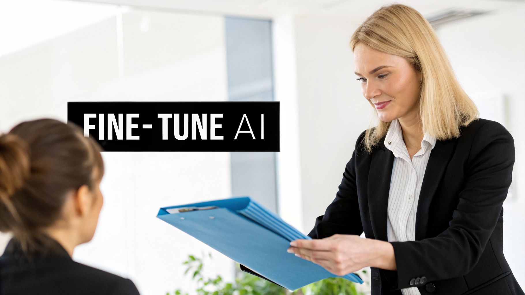 A blonde woman in a blazer hands a blue folder to another woman in an office, with 'FINE-TUNE AI' text.