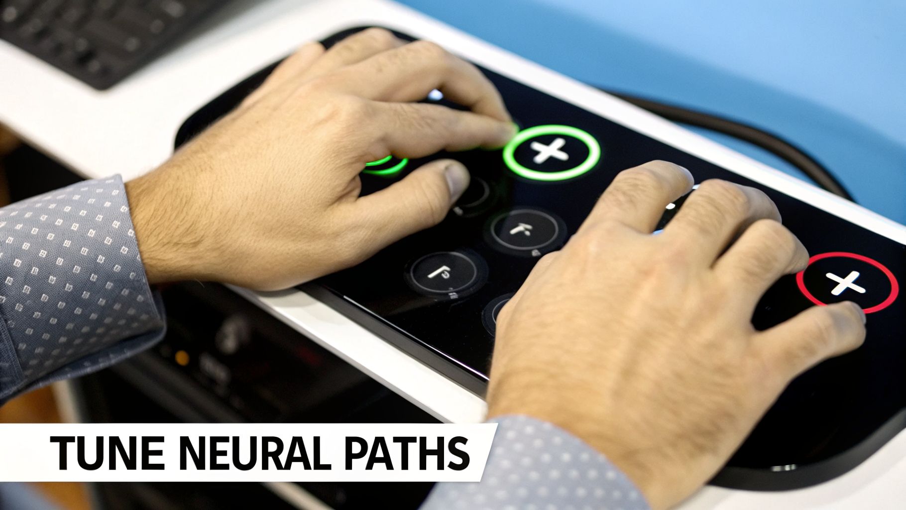 A person's hands are operating a black device with glowing green and red circular buttons.