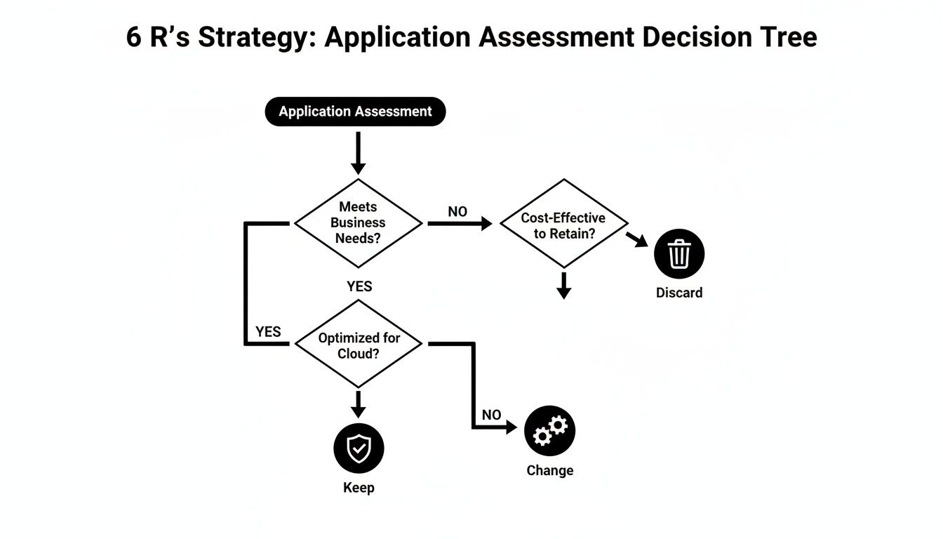 Decision tree illustrating the 6 R's application assessment strategy for cloud migration planning.