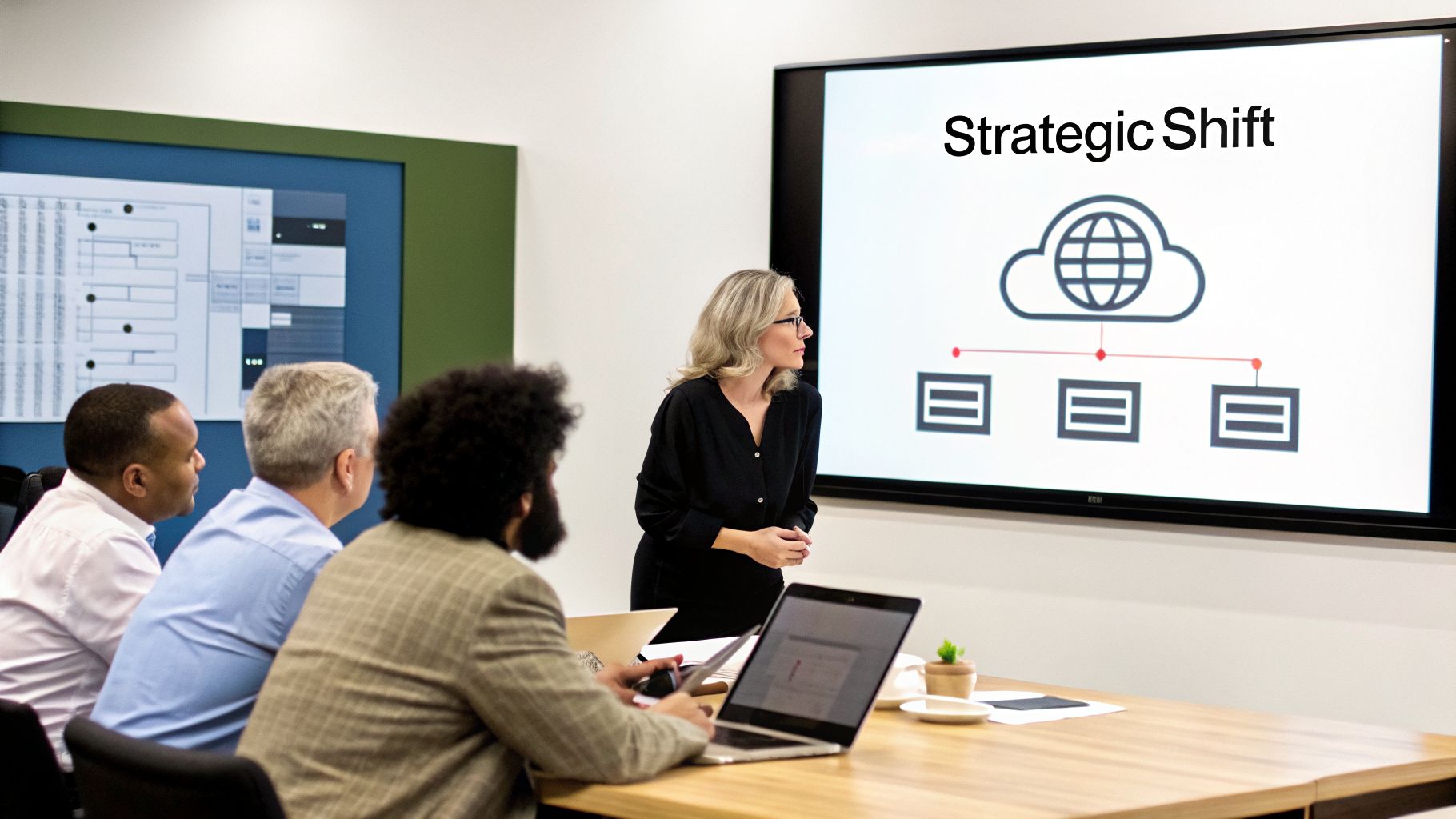 A businesswoman presents a 'Strategic Shift' for cloud migration to colleagues in a modern meeting room.