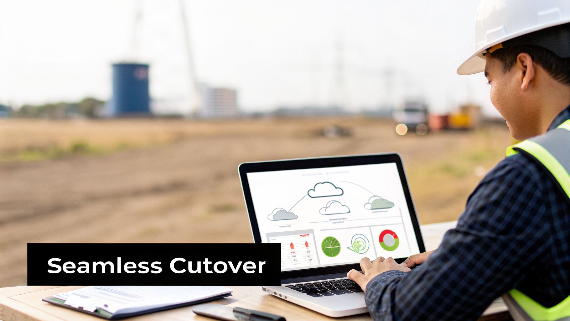 An engineer in a hard hat and safety vest works on a laptop displaying cloud migration diagrams at a construction site.