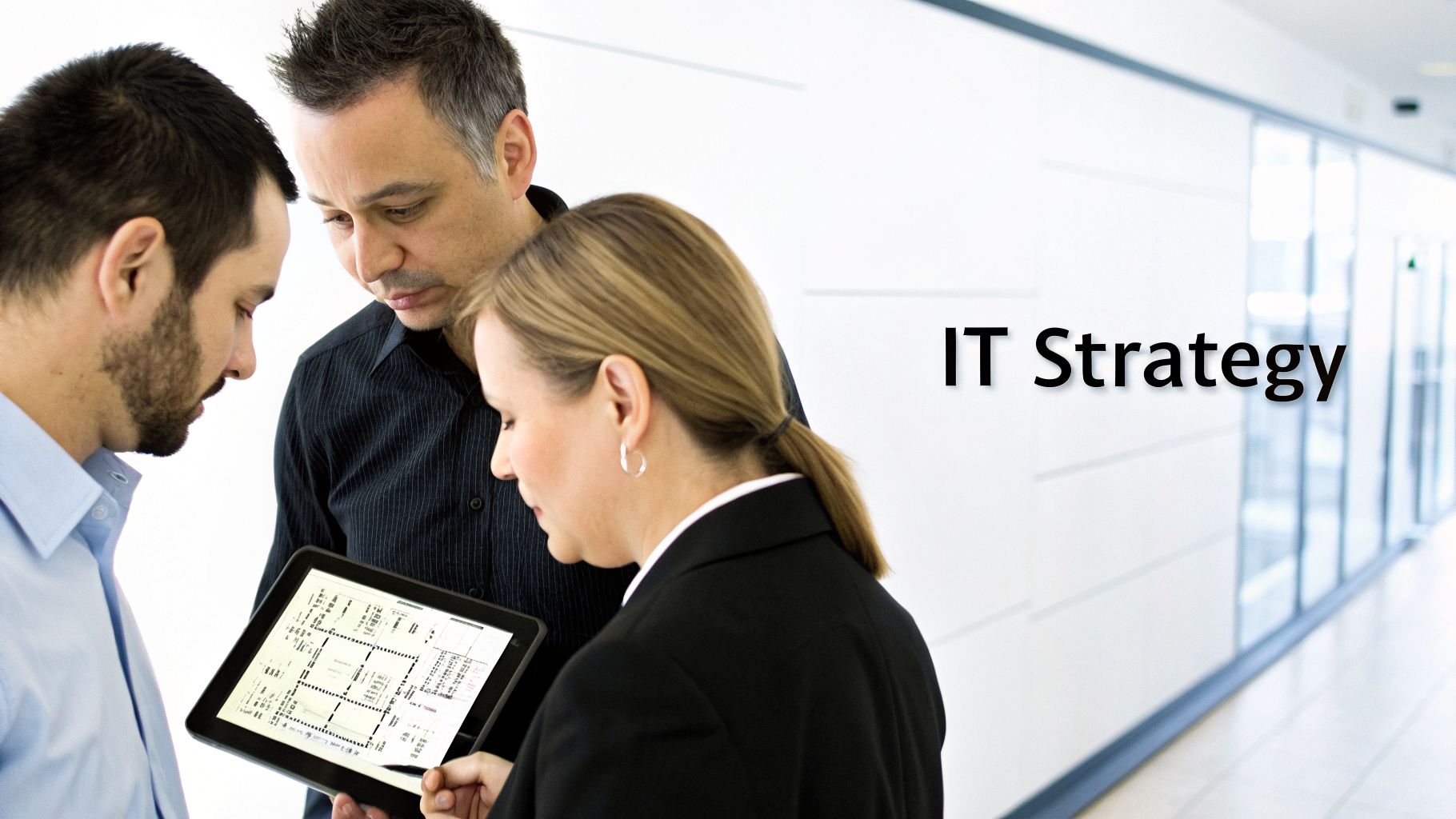 Three professionals discuss IT strategy, looking at a digital plan on a tablet in an office.