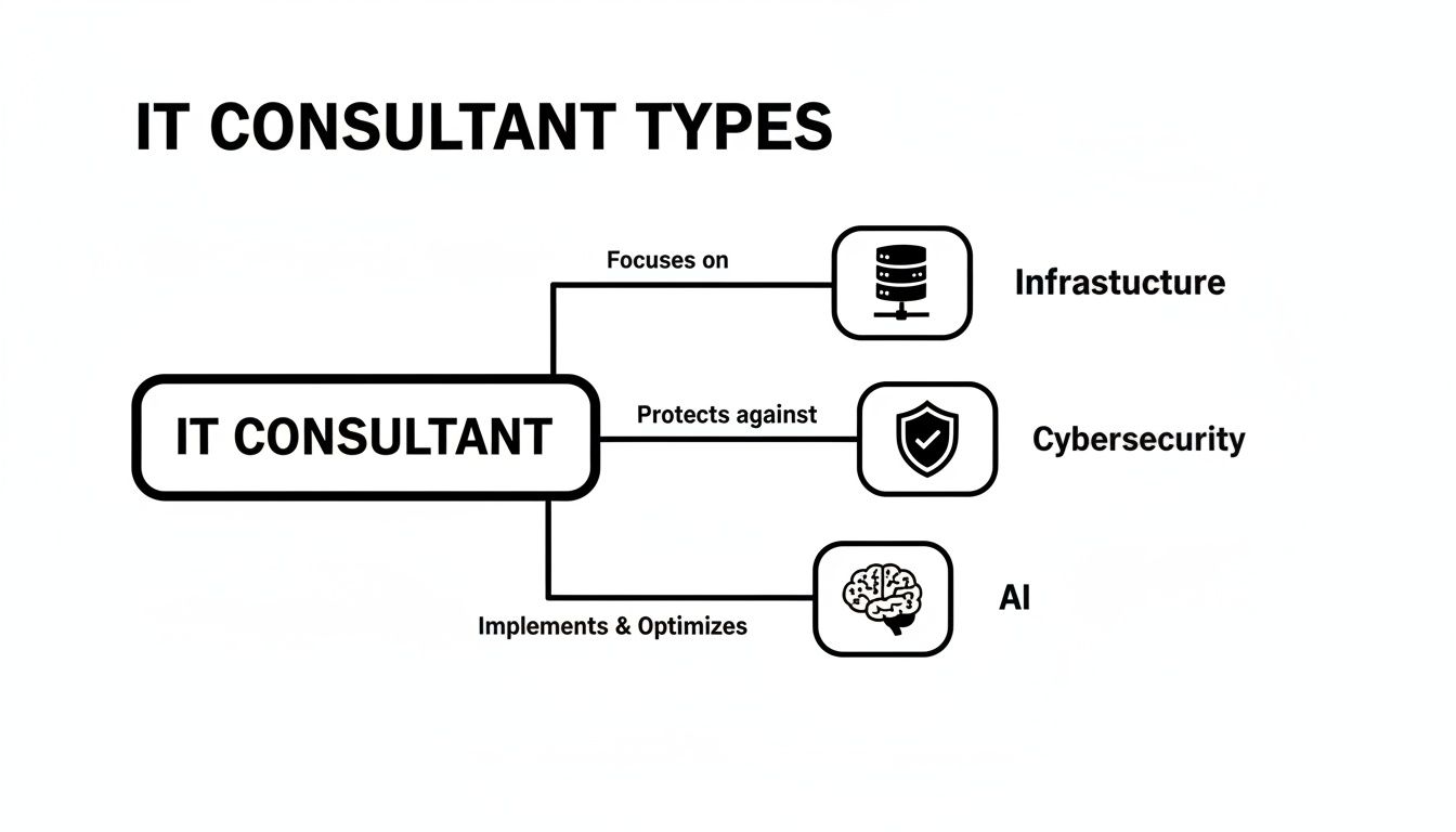 A diagram illustrating IT consultant types, categorizing them into infrastructure, cybersecurity, and AI.