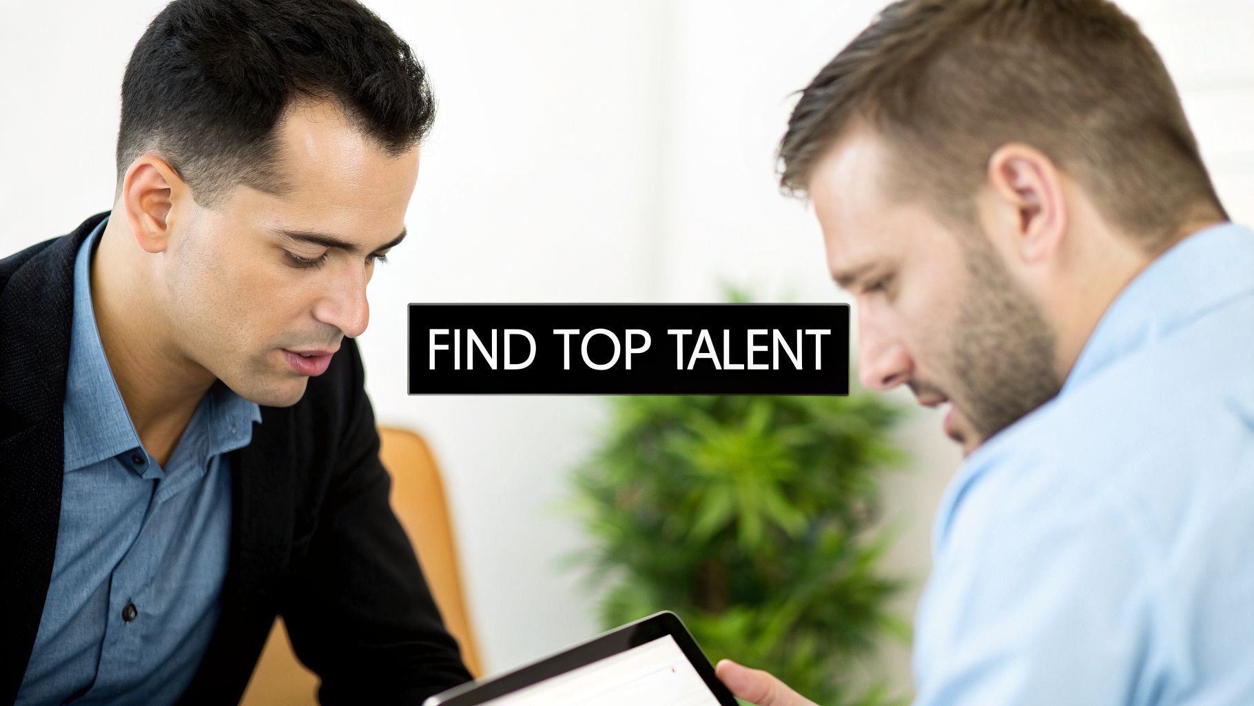 Two professional men discussing content on a tablet, with a prominent overlay text 'FIND TOP TALENT'.