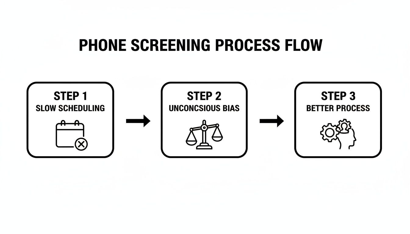 A flowchart illustrating a phone screening process flow with steps for slow scheduling, unconscious bias, and a better process.