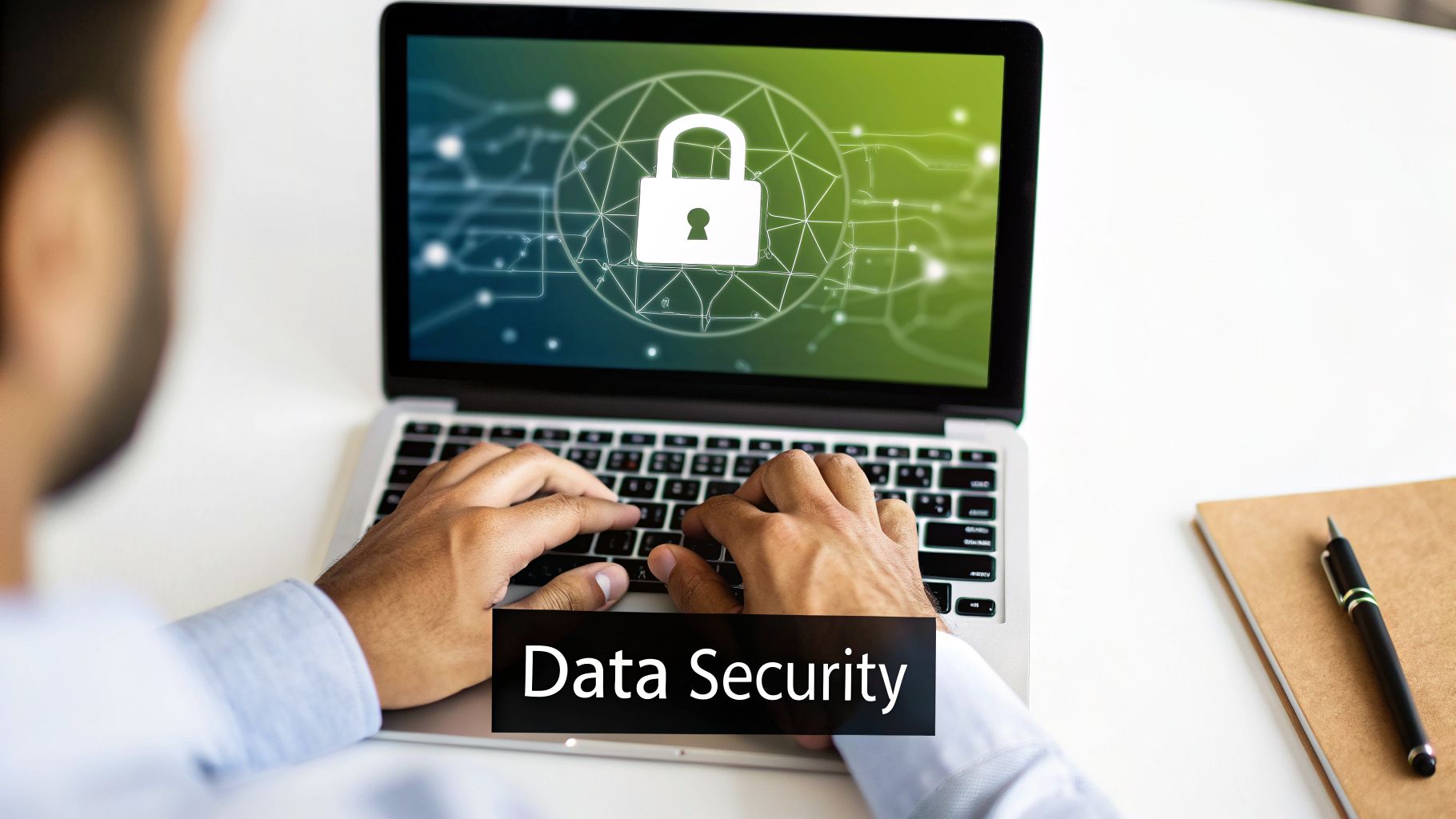 Person's hands typing on a laptop showing a data security padlock and network graphic.
