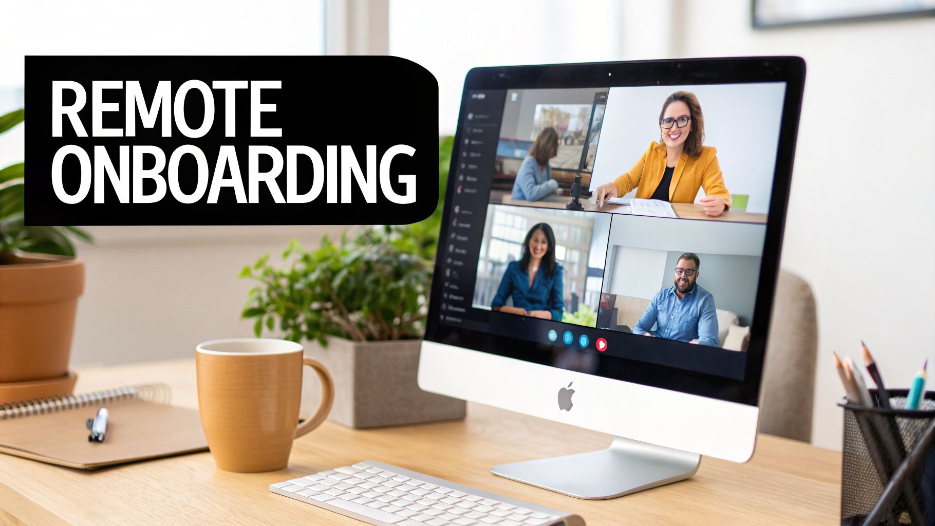 A modern desk setup with a computer showing a remote video conference for new employee onboarding.