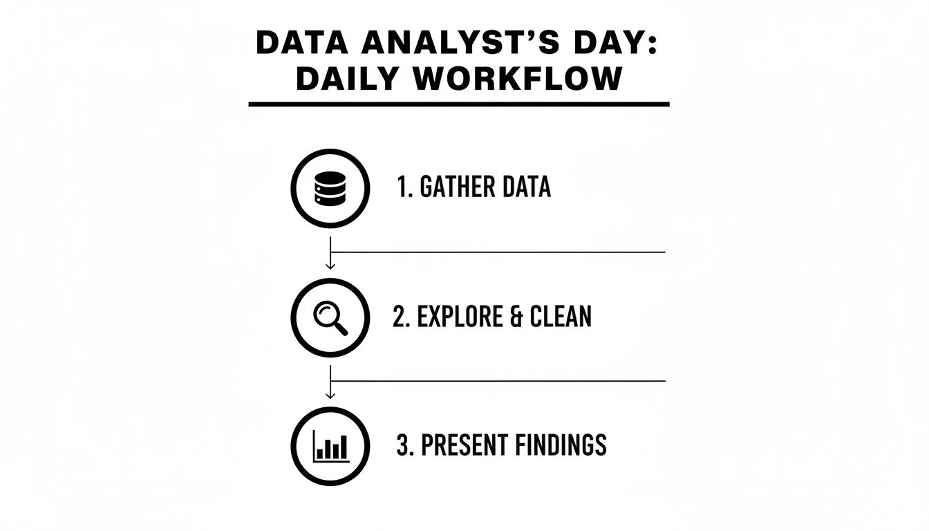 A simple flowchart outlining a data analyst's daily workflow: gather data, explore & clean, and present findings.