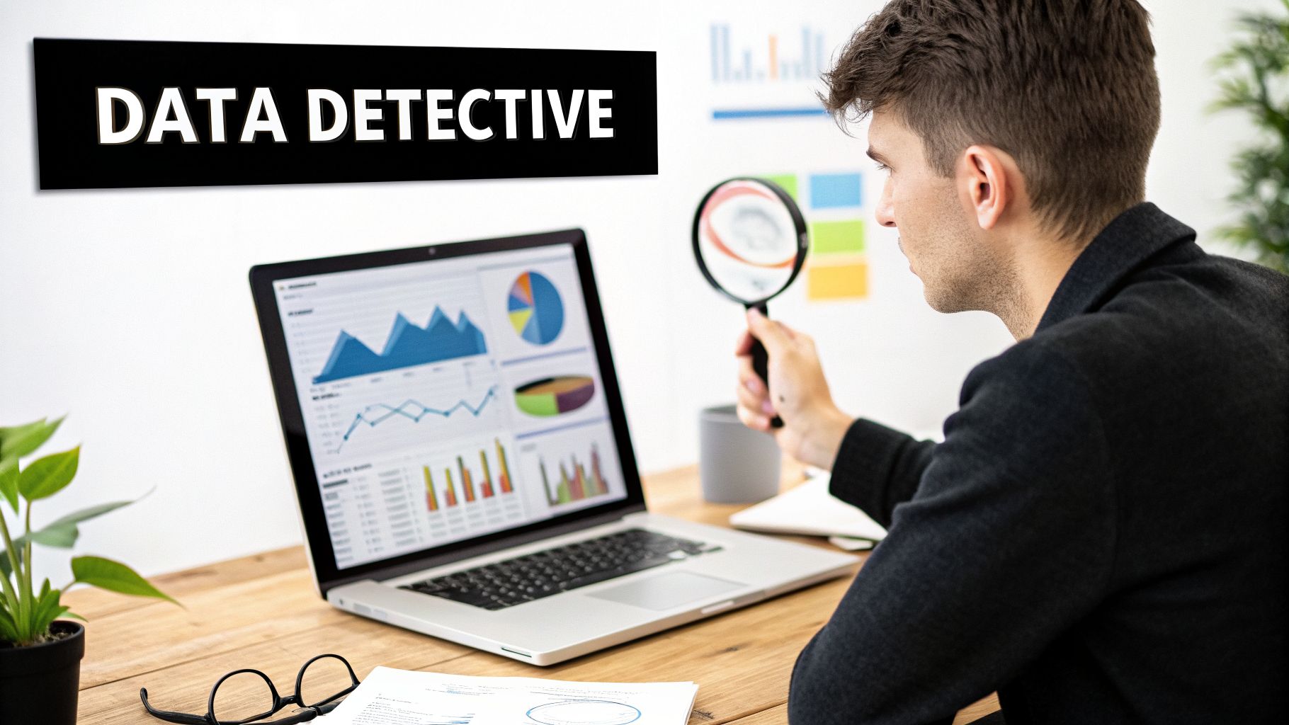 A man examines data visualizations on a laptop screen with a magnifying glass, acting as a data detective.