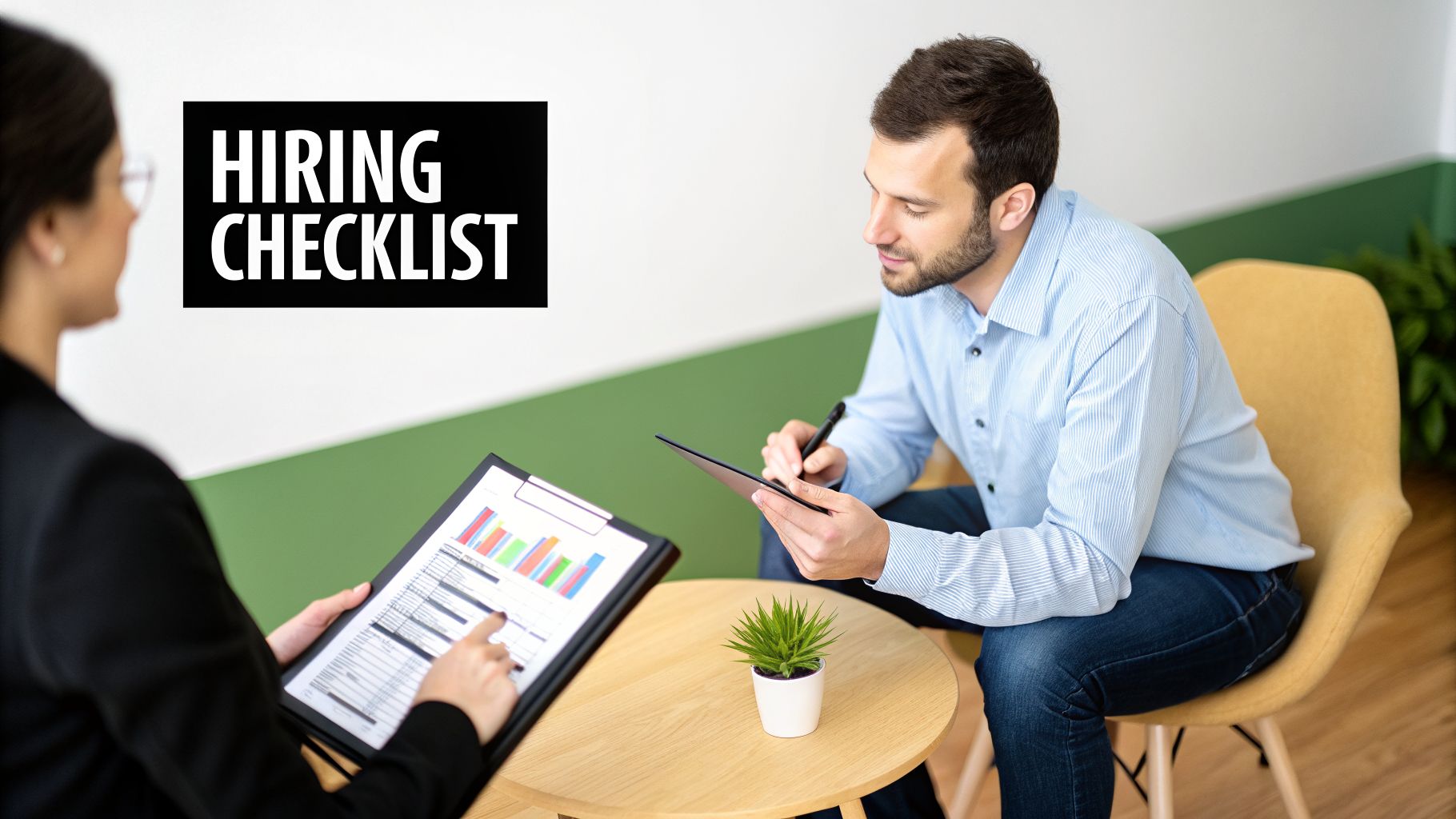 Two professionals review a 'Hiring Checklist' and data charts on a clipboard during a business discussion.