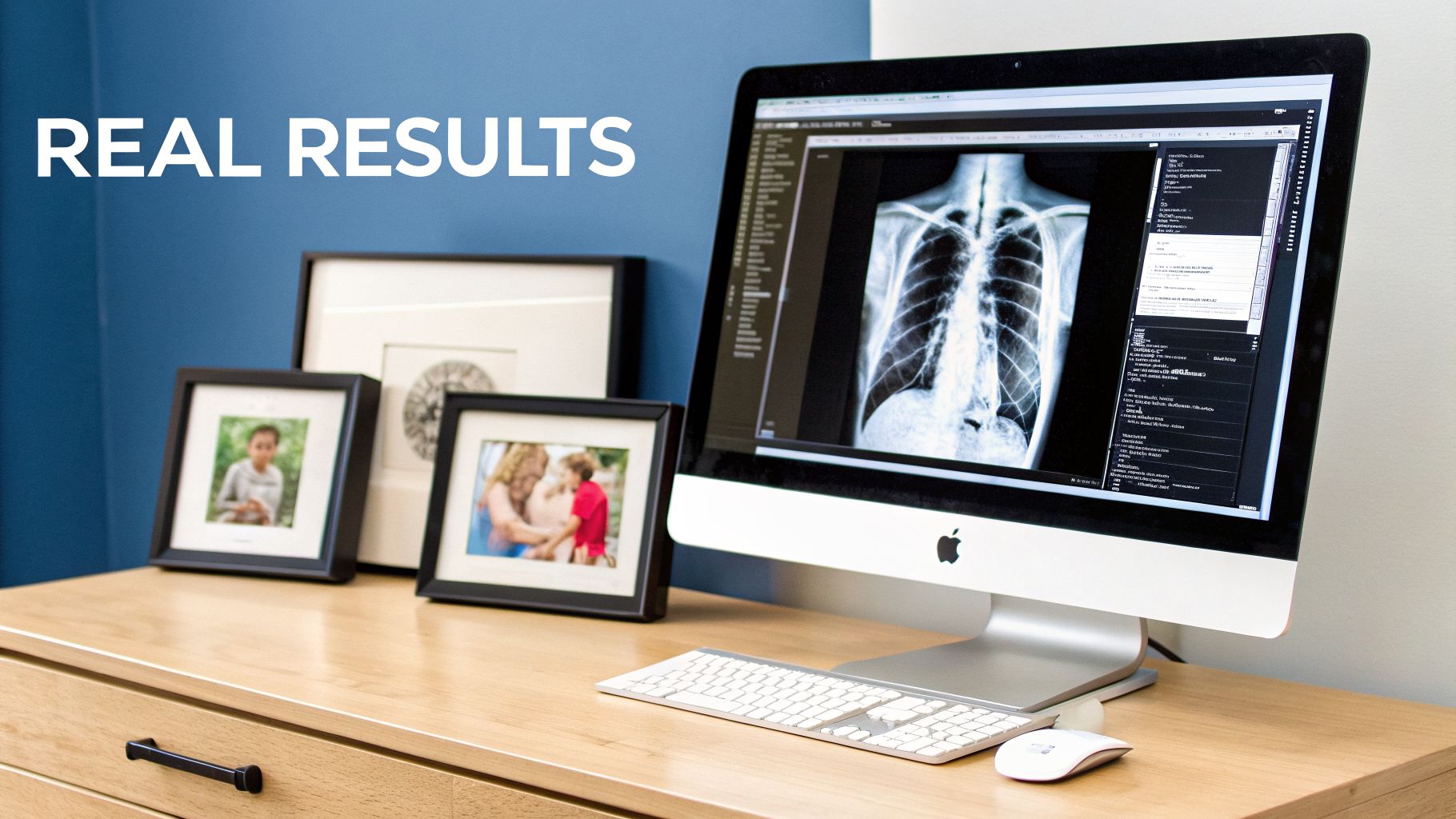 An Apple iMac displays a chest X-ray next to framed photos, with 'REAL RESULTS' text on a blue wall.