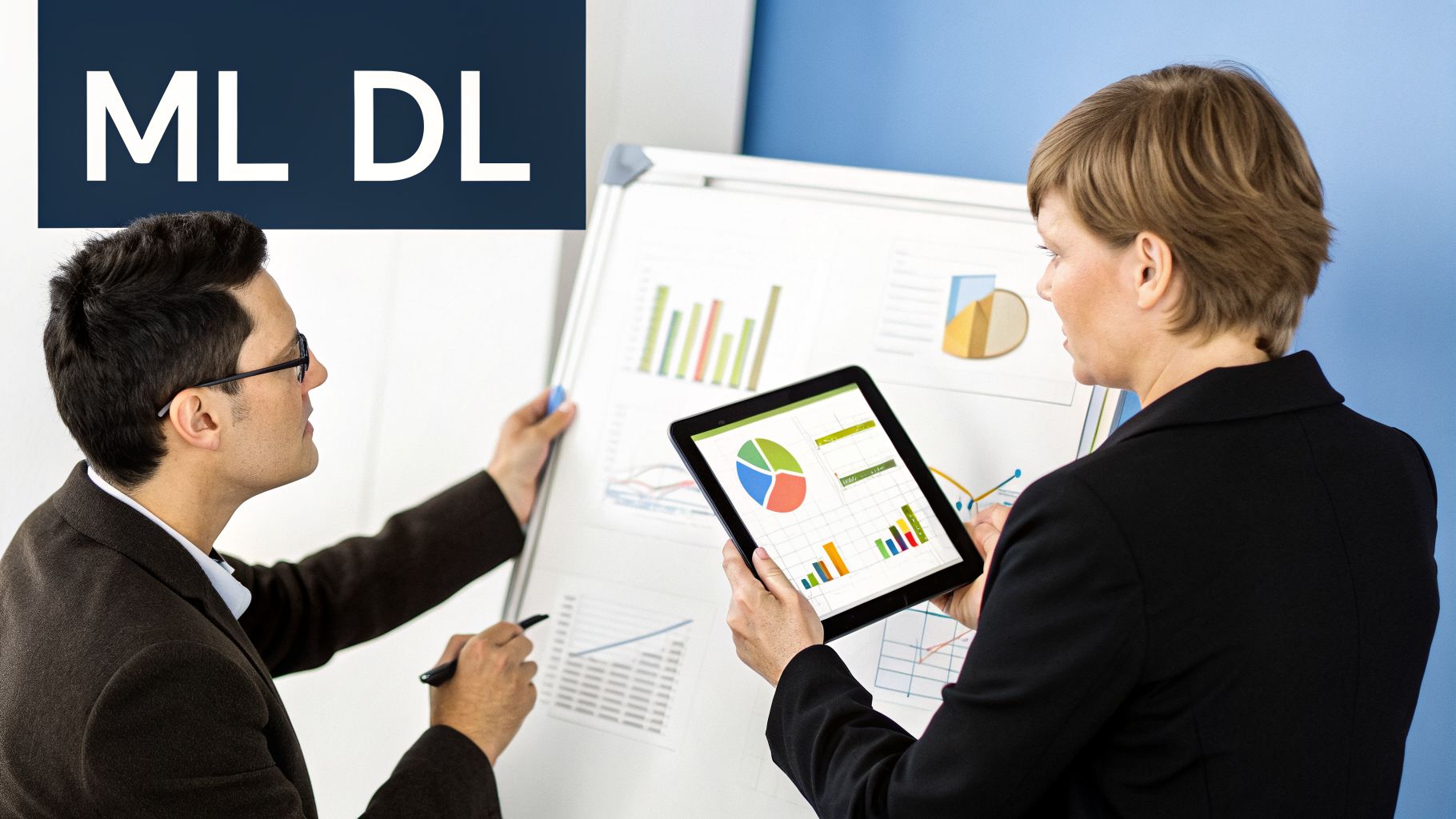 Two business professionals analyzing data and charts on a whiteboard and tablet, related to ML DL.