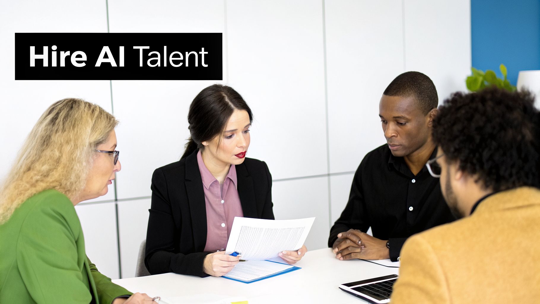 Four diverse professionals are in a meeting, reviewing documents and discussing work, with text "Hire AI Talent".