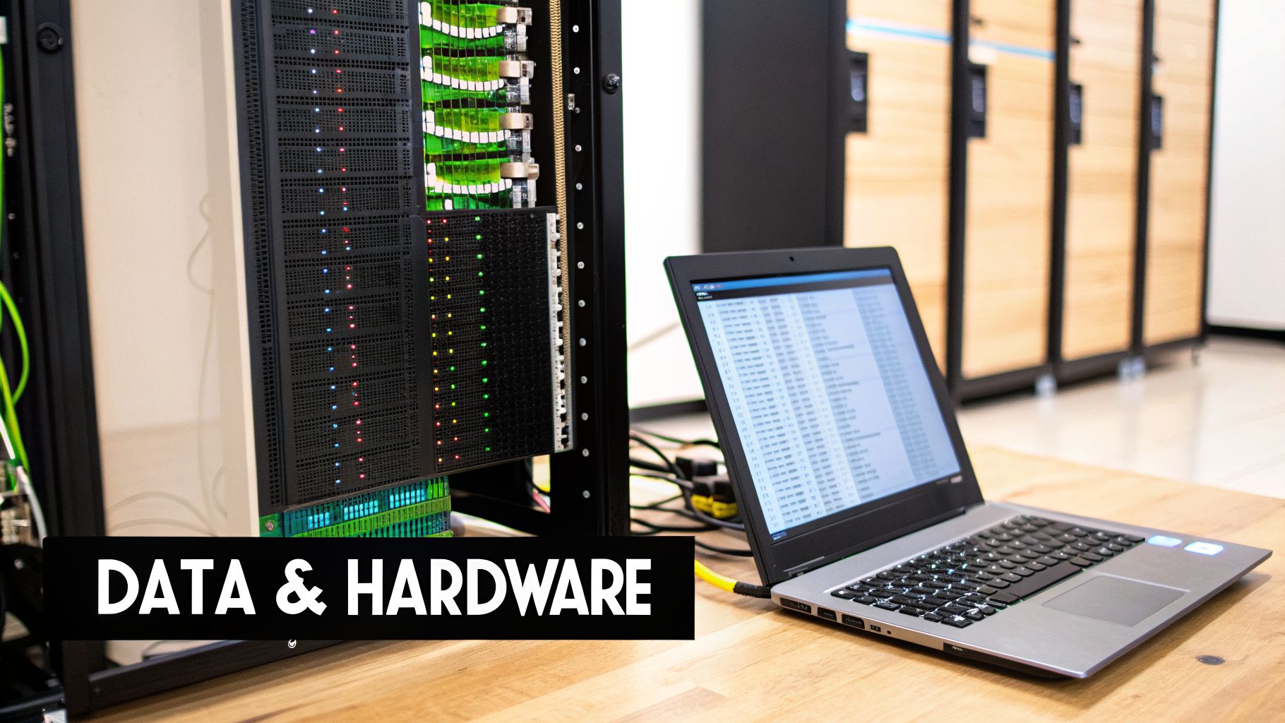 A laptop on a wooden desk next to a server rack with blinking lights, symbolizing data and hardware.