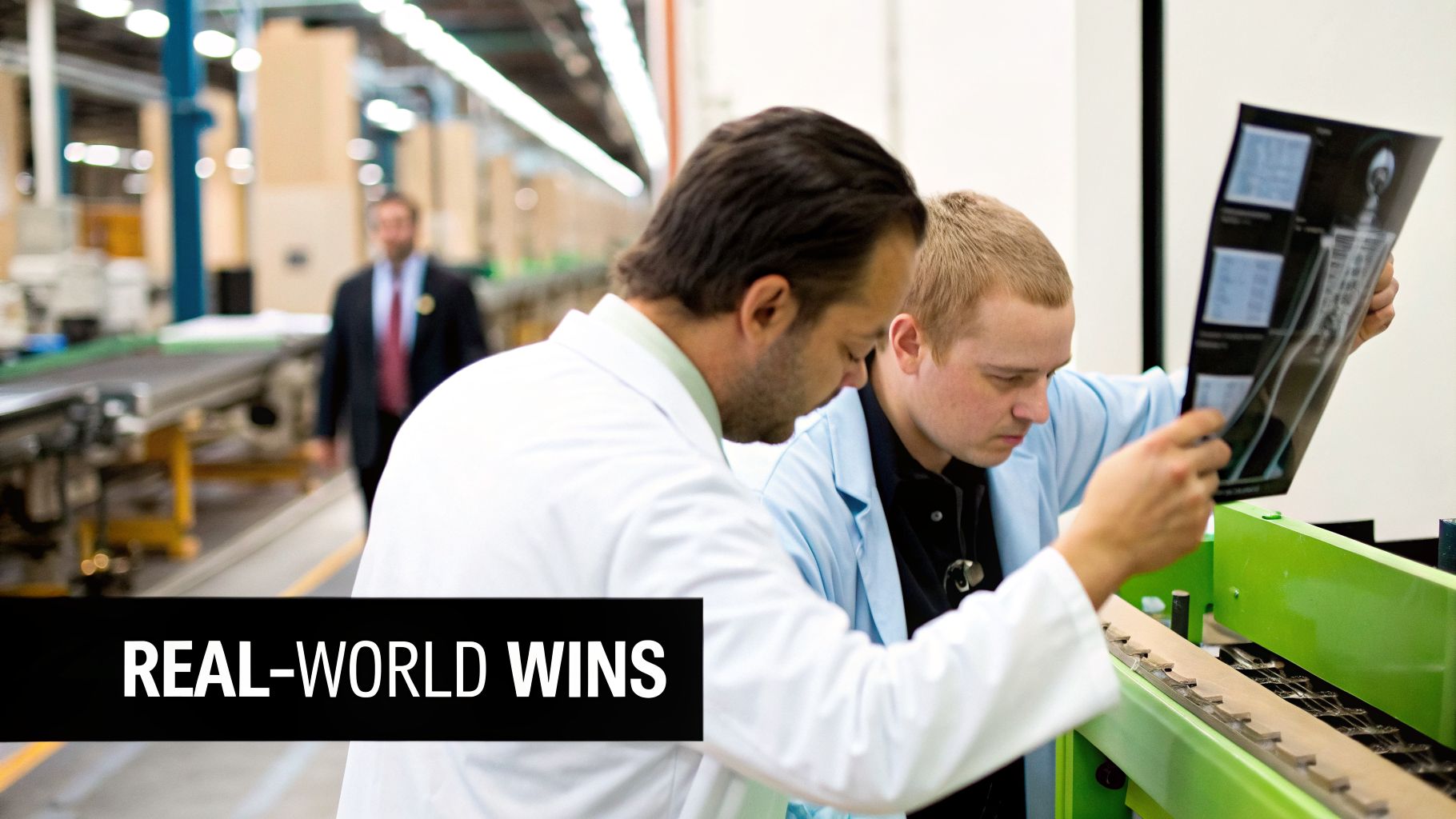 Two researchers in lab coats examining an X-ray film in an industrial setting with machinery.