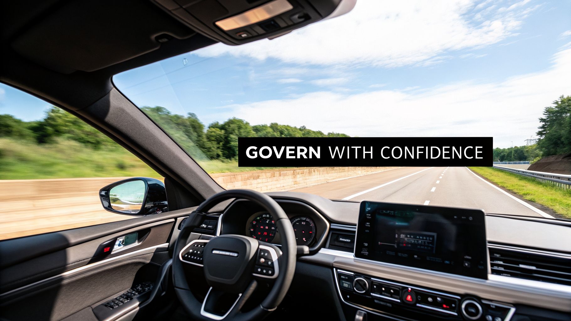 Interior car view on a highway, with dashboard, steering wheel, and 'GOVERN WITH CONFIDENCE' text.