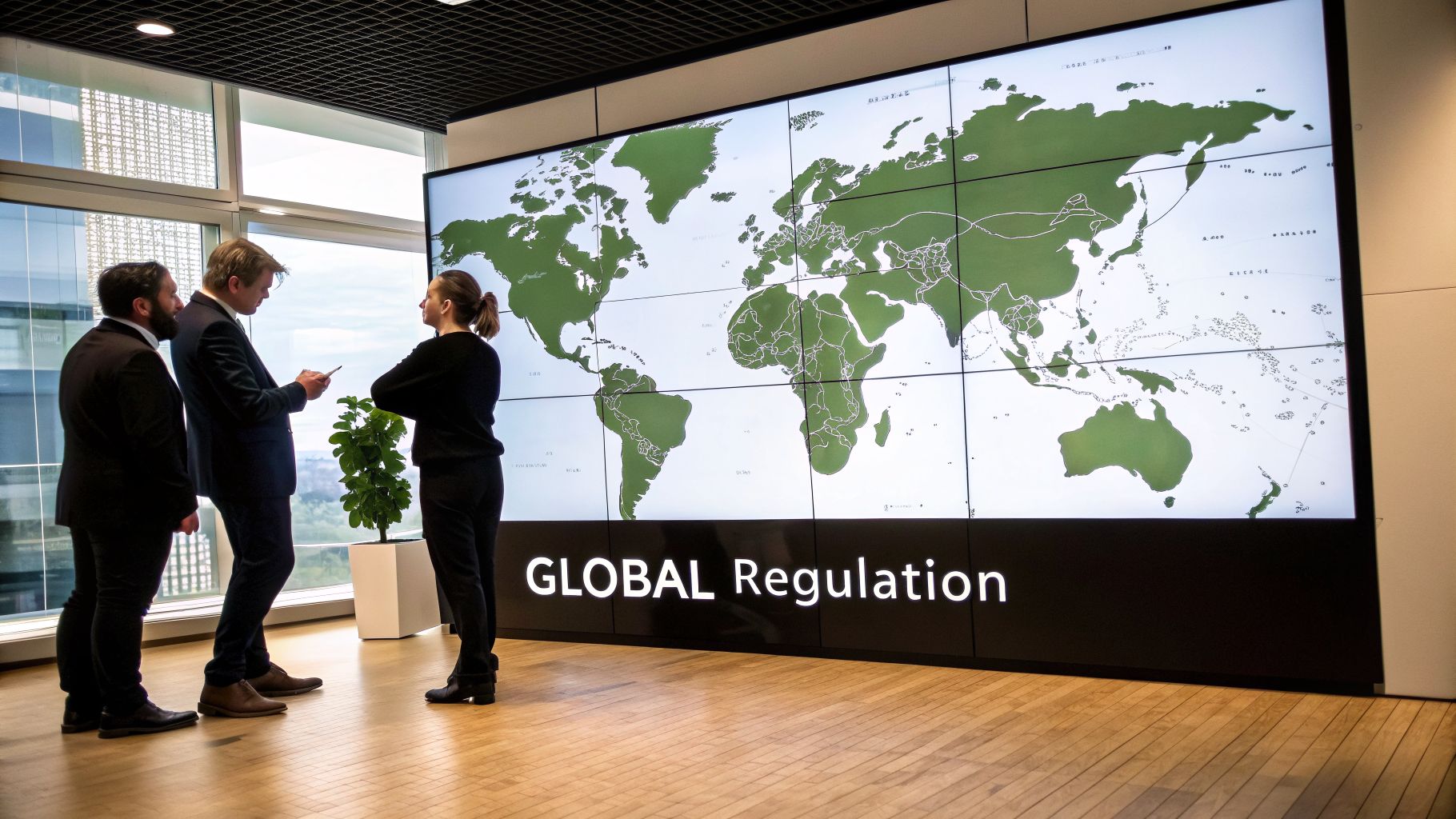 Three professionals discussing global regulations in a modern office with a large world map display.